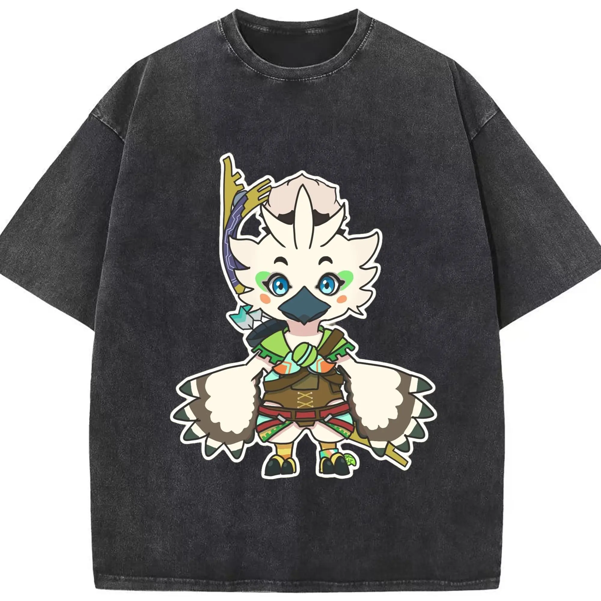 Men's the legend of zelda Tulin cartoon graphic tee - Washed Vintage Look 230g Cotton Oversized T-Shirt With Front Heat Transfer Print – Soft, Lightweight, Stylish Fit – Comfortable Casual Wear For Sports & Everyday Use