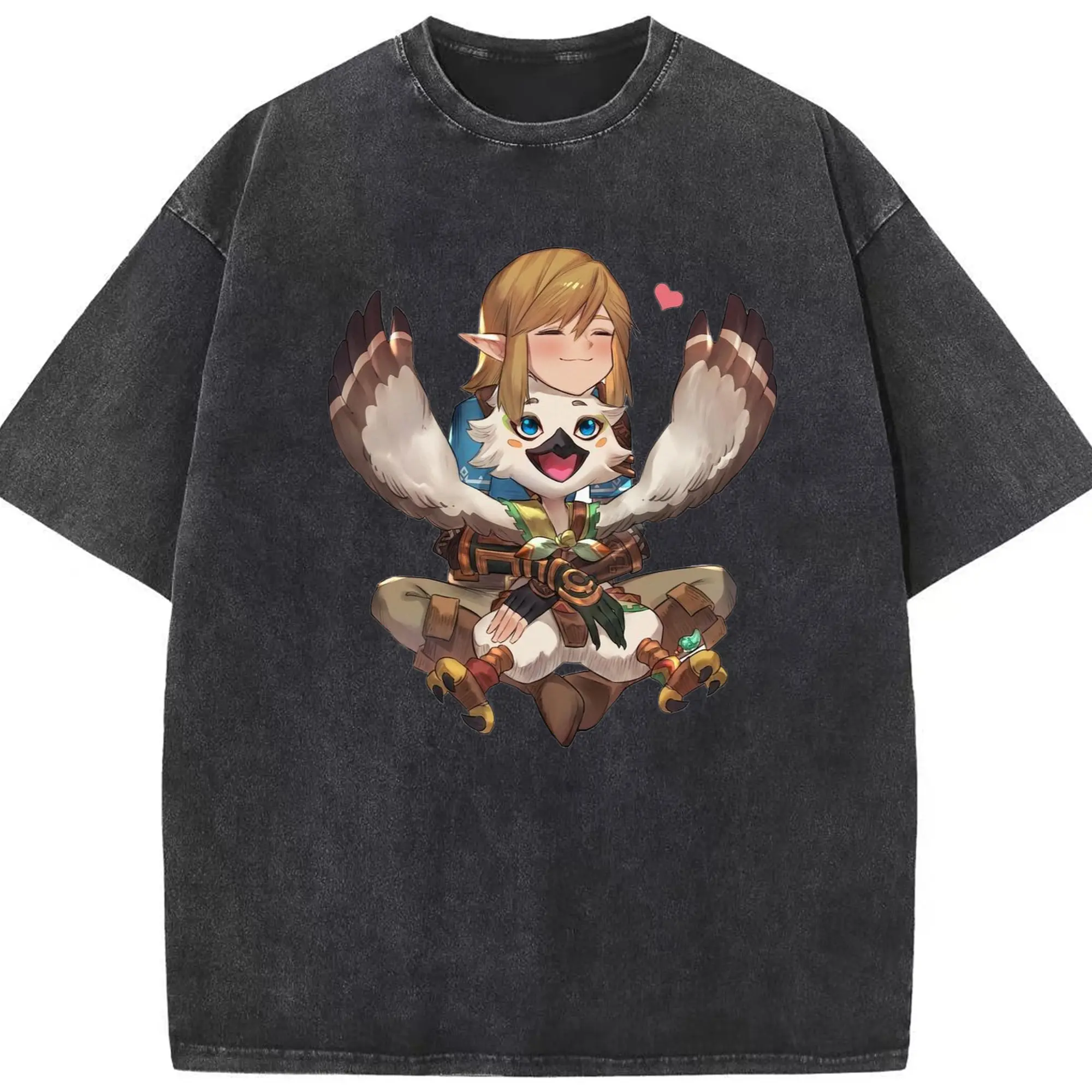 Men's the legend of zelda Tulin graphic tee - Washed Vintage Look 230g Cotton Oversized T-Shirt With Front Heat Transfer Print – Soft, Lightweight, Stylish Fit – Comfortable Casual Wear For Sports & Everyday Use