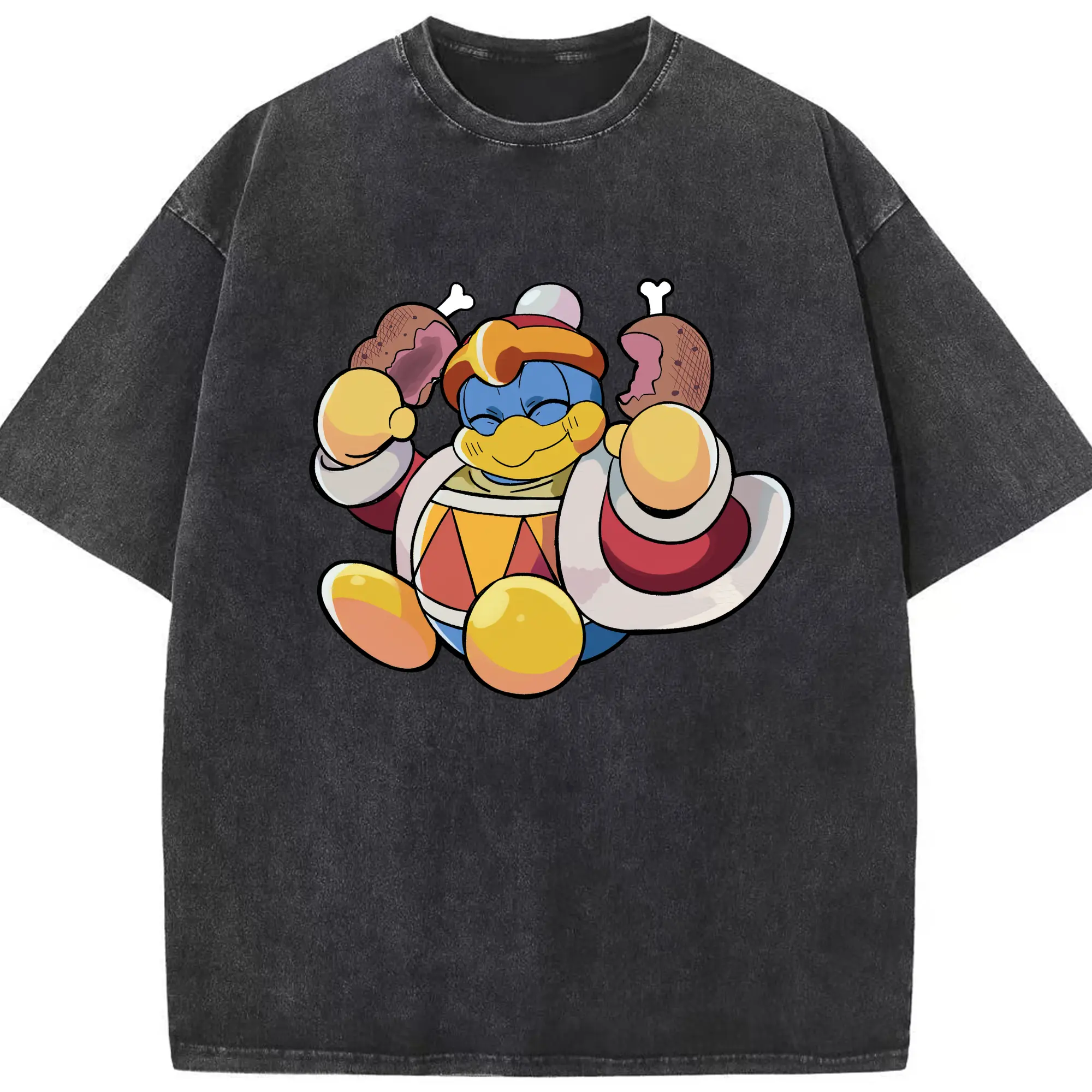 King Dedede eating graphic shirt - Washed Vintage Look 230g Cotton Oversized T-Shirt With Front Heat Transfer Print – Soft, Lightweight, Stylish Fit – Comfortable Casual Wear For Sports & Everyday Use
