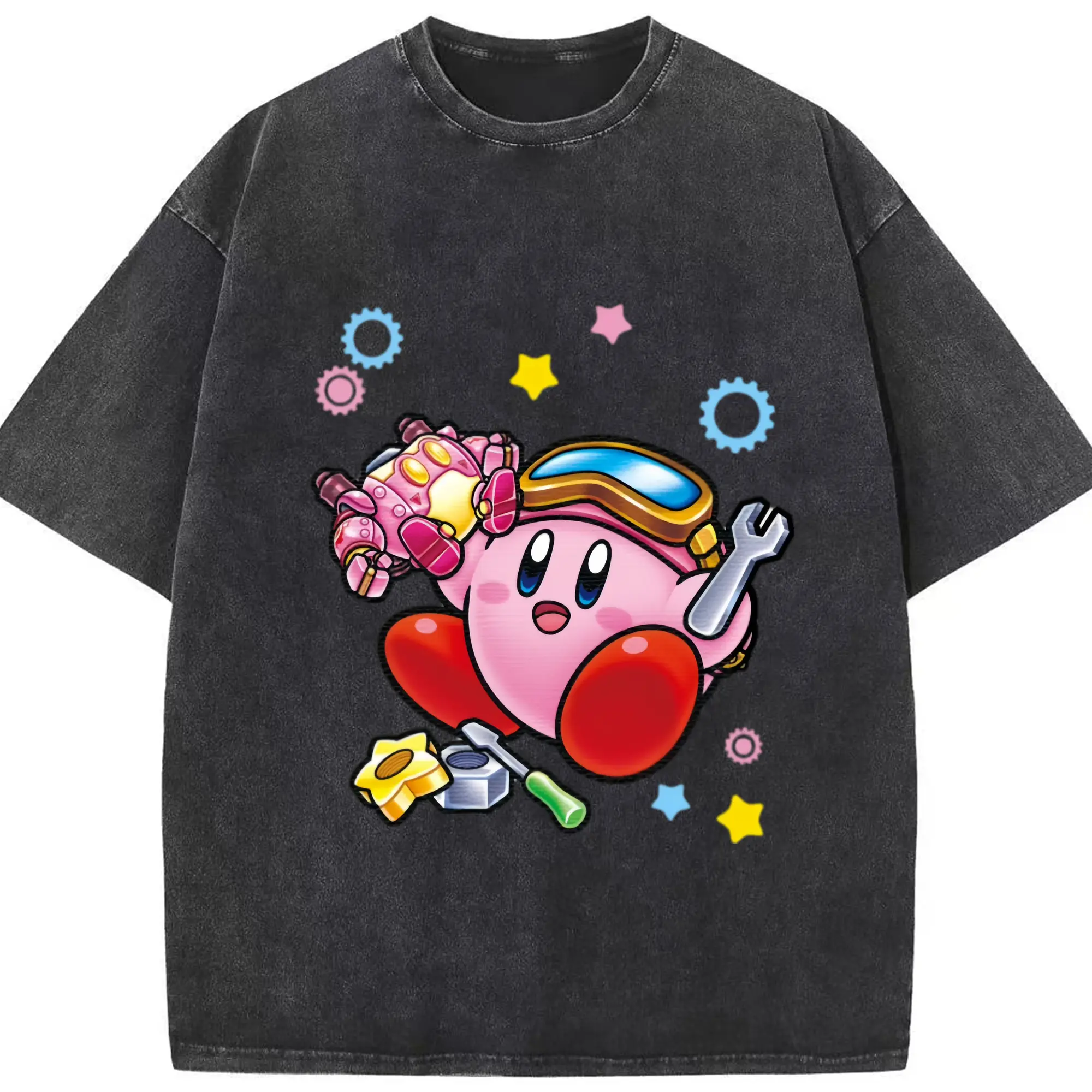 Kirby collage graphic t-shirt - Washed Vintage Look 230g Cotton Oversized T-Shirt With Front Heat Transfer Print – Soft, Lightweight, Stylish Fit – Comfortable Casual Wear For Sports & Everyday Use