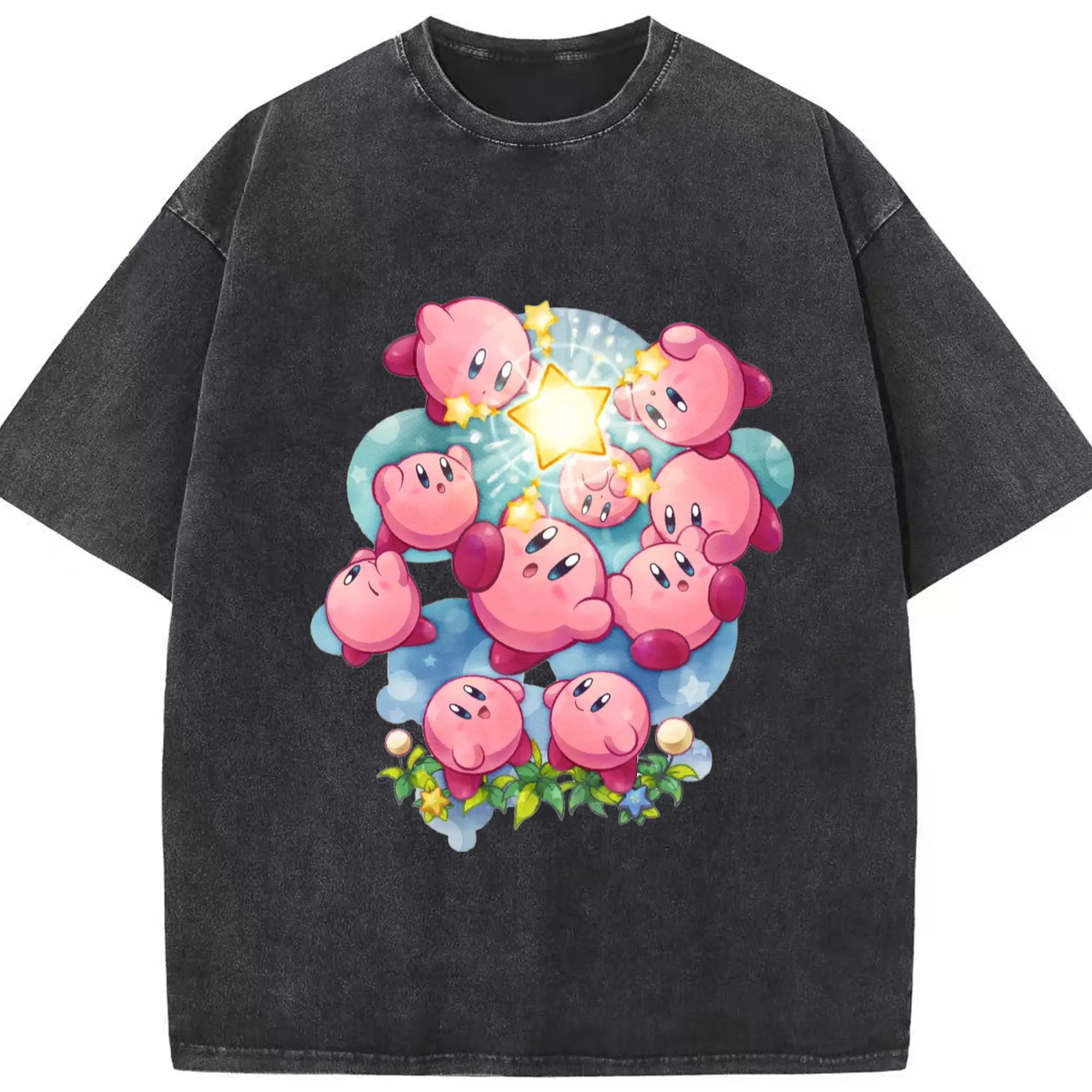 Kirby tee collage shirt - Washed Vintage Look 230g Cotton Oversized T-Shirt With Front Heat Transfer Print – Soft, Lightweight, Stylish Fit – Comfortable Casual Wear For Sports & Everyday Use