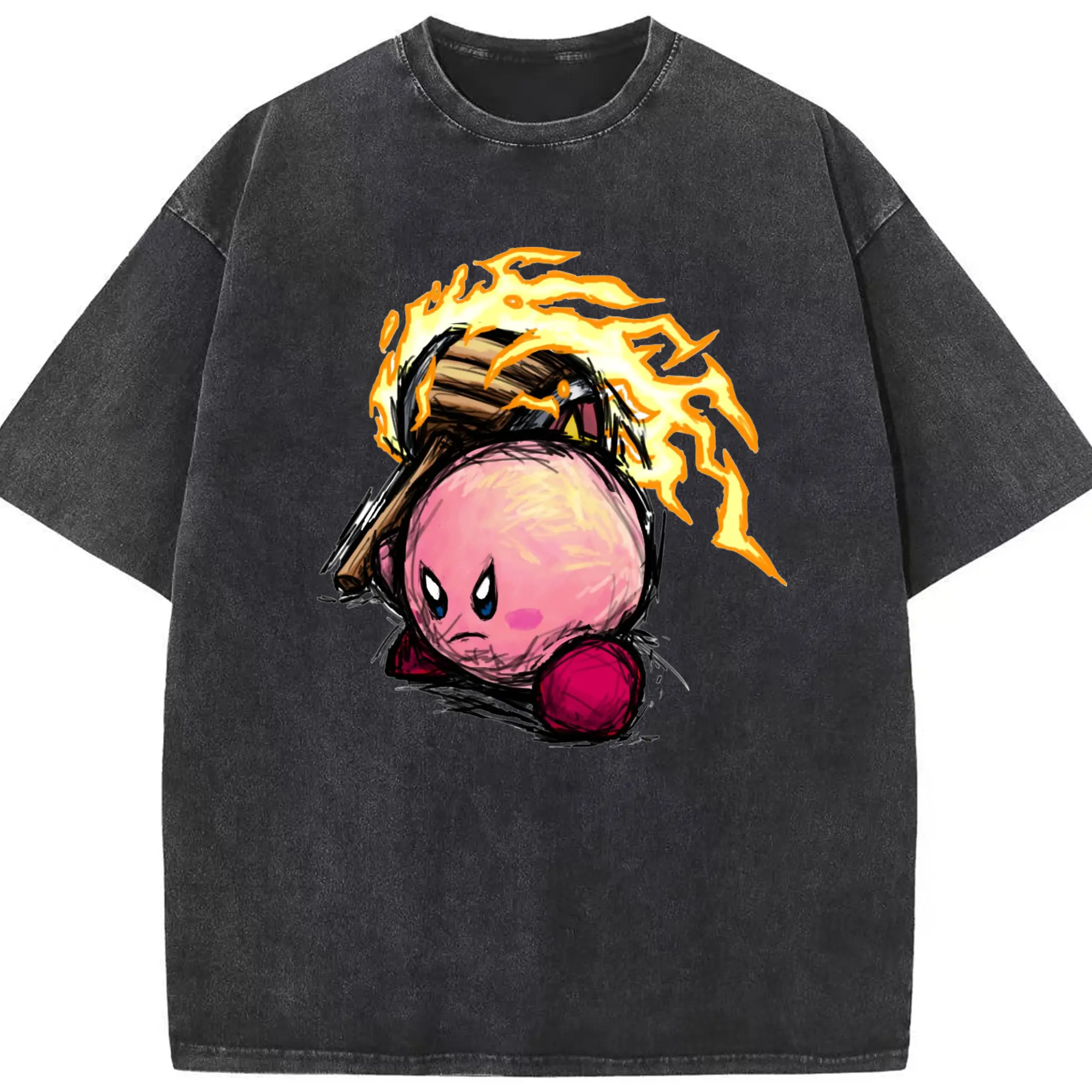 Kirby tee shirt - Washed Vintage Look 230g Cotton Oversized T-Shirt With Front Heat Transfer Print – Soft, Lightweight, Stylish Fit – Comfortable Casual Wear For Sports & Everyday Use