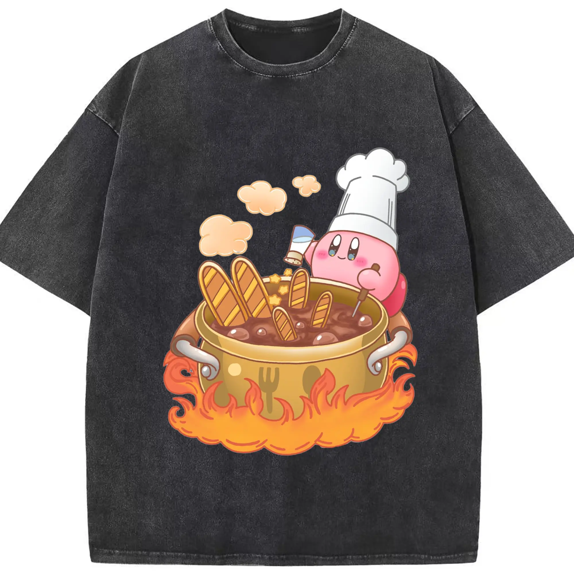 Nintendo chef kirby t shirt​ - Washed Vintage Look 230g Cotton Oversized T-Shirt With Front Heat Transfer Print – Soft, Lightweight, Stylish Fit – Comfortable Casual Wear For Sports & Everyday Use