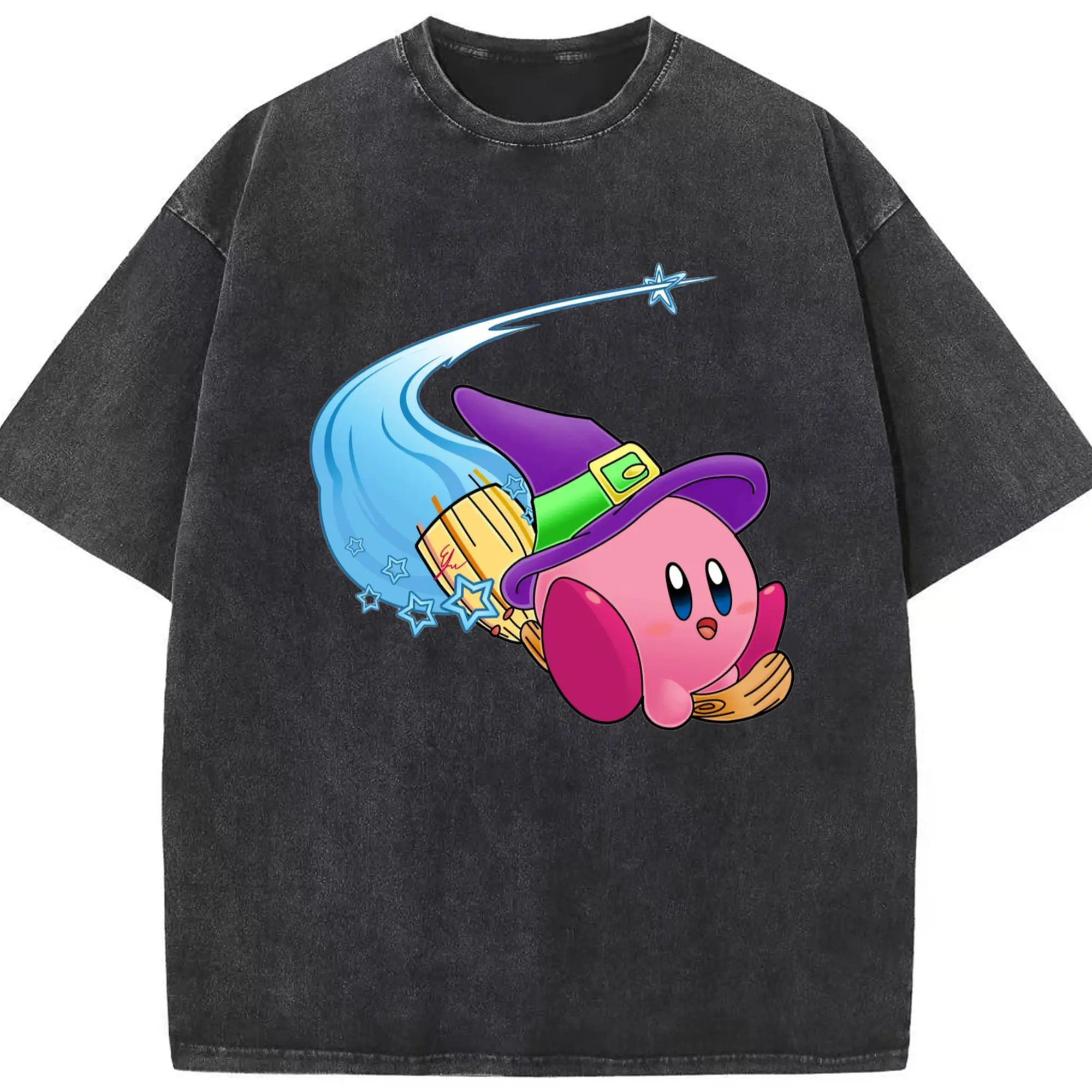 Nintendo kirby graphic t shirt​ - Washed Vintage Look 230g Cotton Oversized T-Shirt With Front Heat Transfer Print – Soft, Lightweight, Stylish Fit – Comfortable Casual Wear For Sports & Everyday Use
