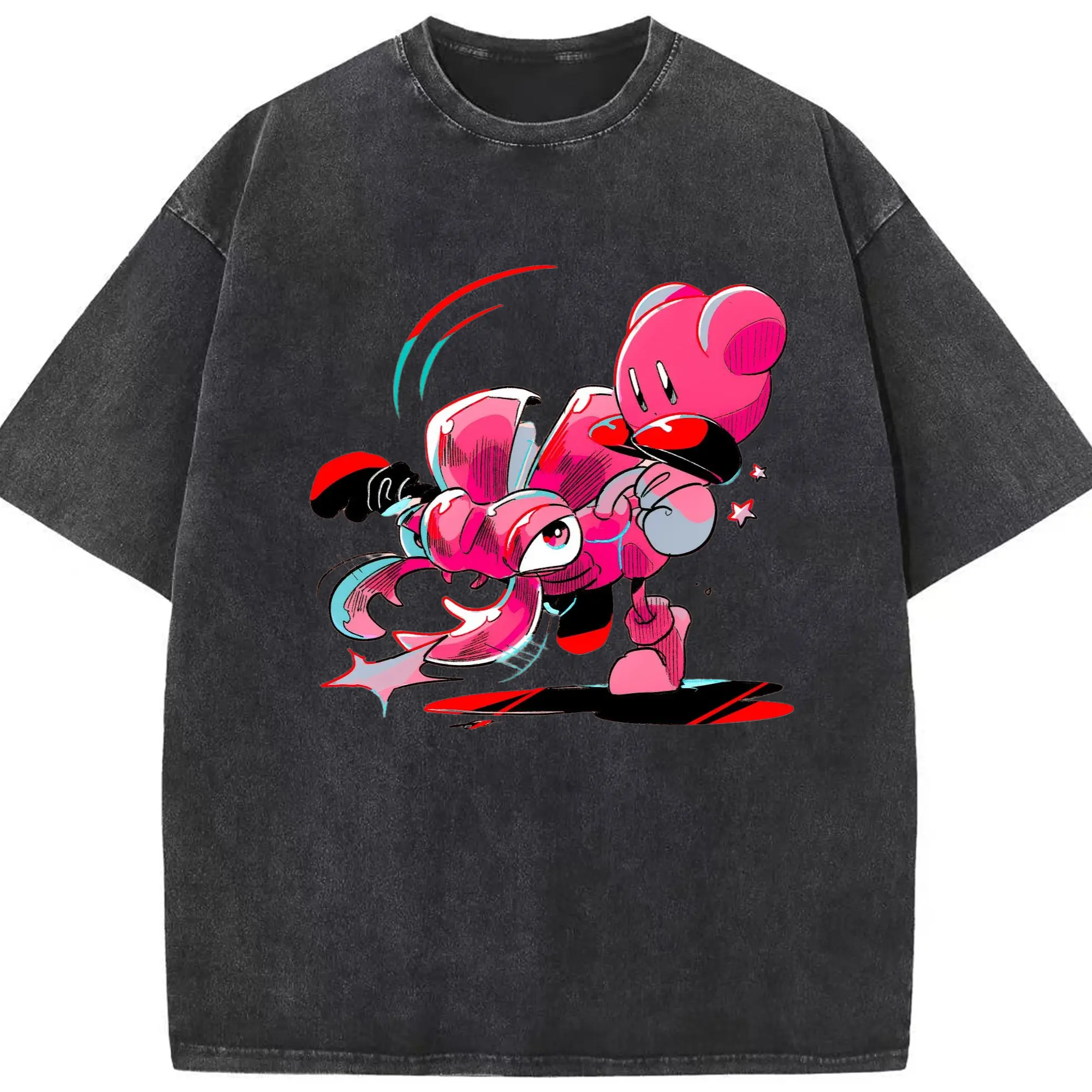 Nintendo kirby graphic tee - Washed Vintage Look 230g Cotton Oversized T-Shirt With Front Heat Transfer Print – Soft, Lightweight, Stylish Fit – Comfortable Casual Wear For Sports & Everyday Use
