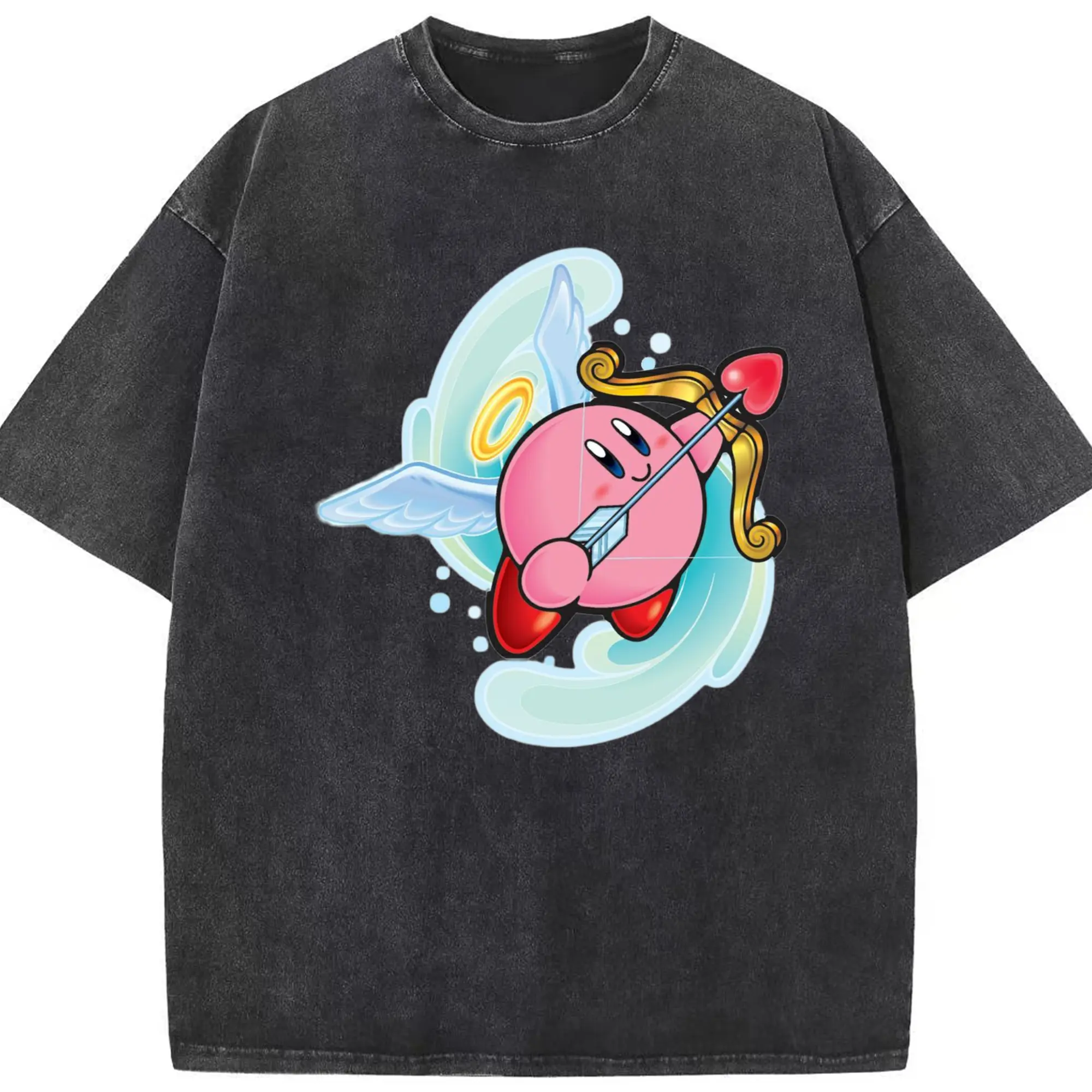 Nintendo kirby icon t shirt​ - Washed Vintage Look 230g Cotton Oversized T-Shirt With Front Heat Transfer Print – Soft, Lightweight, Stylish Fit – Comfortable Casual Wear For Sports & Everyday Use