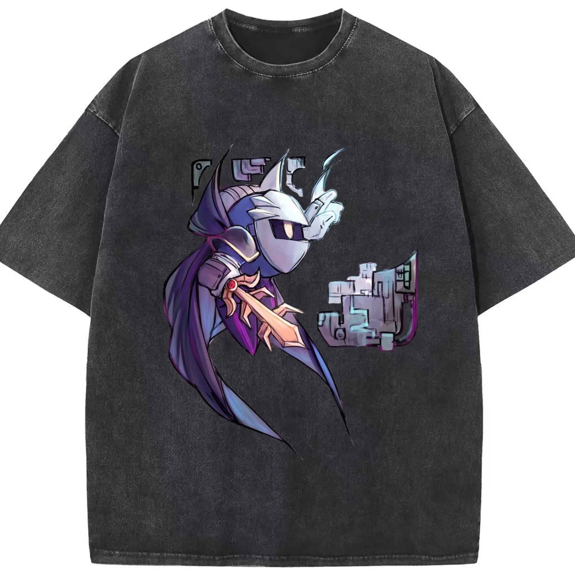 Youth Meta Knight art shirt - Washed Vintage Look 230g Cotton Oversized T-Shirt With Front Heat Transfer Print – Soft, Lightweight, Stylish Fit – Comfortable Casual Wear For Sports & Everyday Use