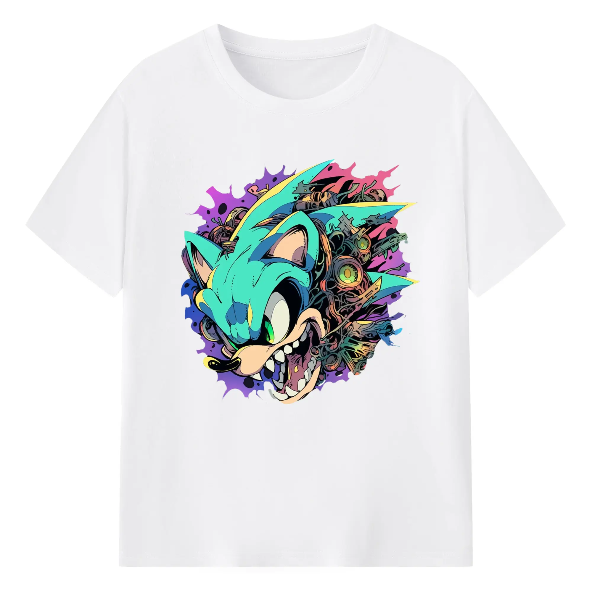 Sonic Collage Cyberpunk Graphic Tee - 180g Cotton T-Shirt With Front Heat Transfer Print – Soft, Lightweight, Fitted Design – Comfortable Casual Wear For Sports & Everyday Use