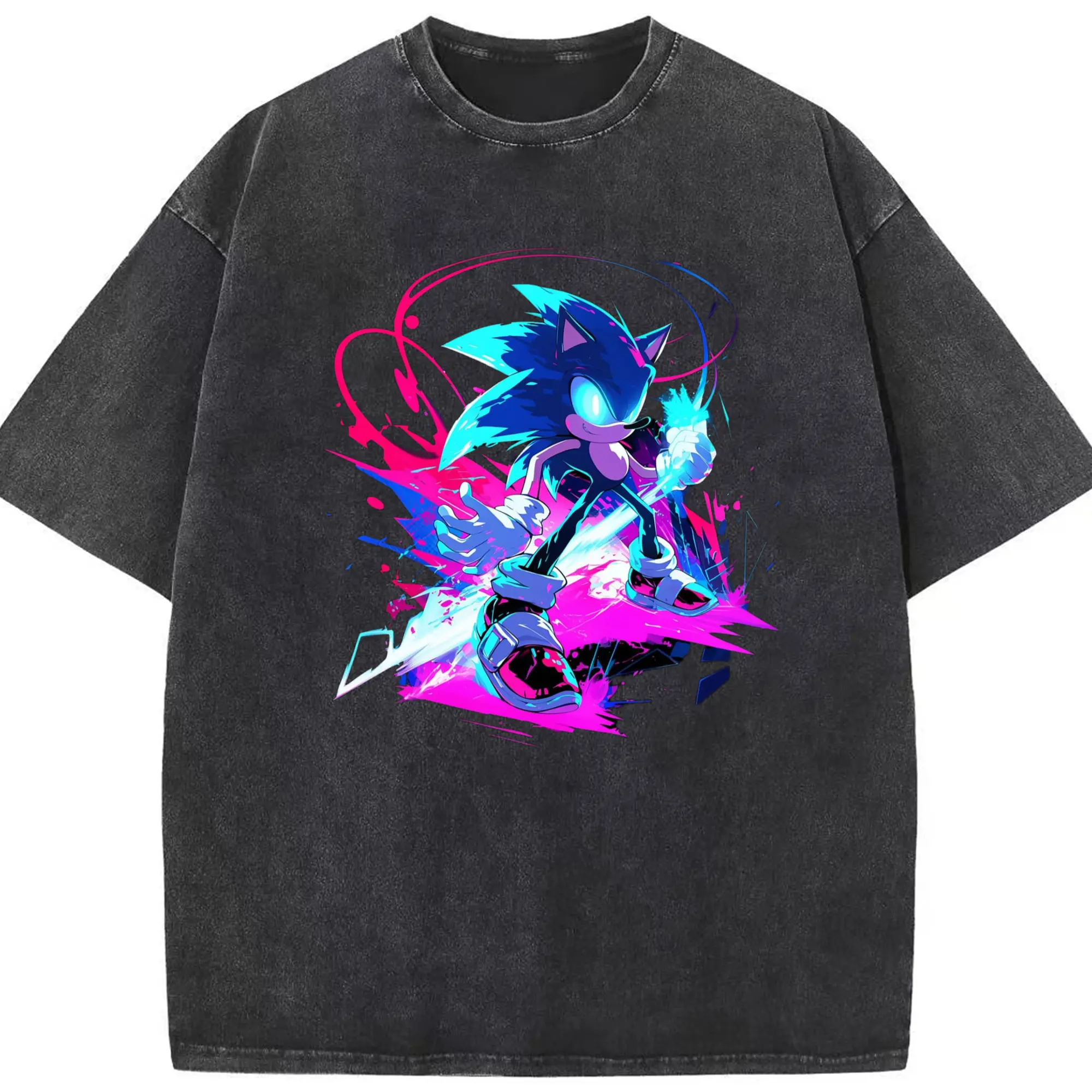 Cool Sonic graphic t-shirt - Washed Vintage Look 230g Cotton Oversized T-Shirt With Front Heat Transfer Print – Soft, Lightweight, Stylish Fit – Comfortable Casual Wear For Sports & Everyday Use