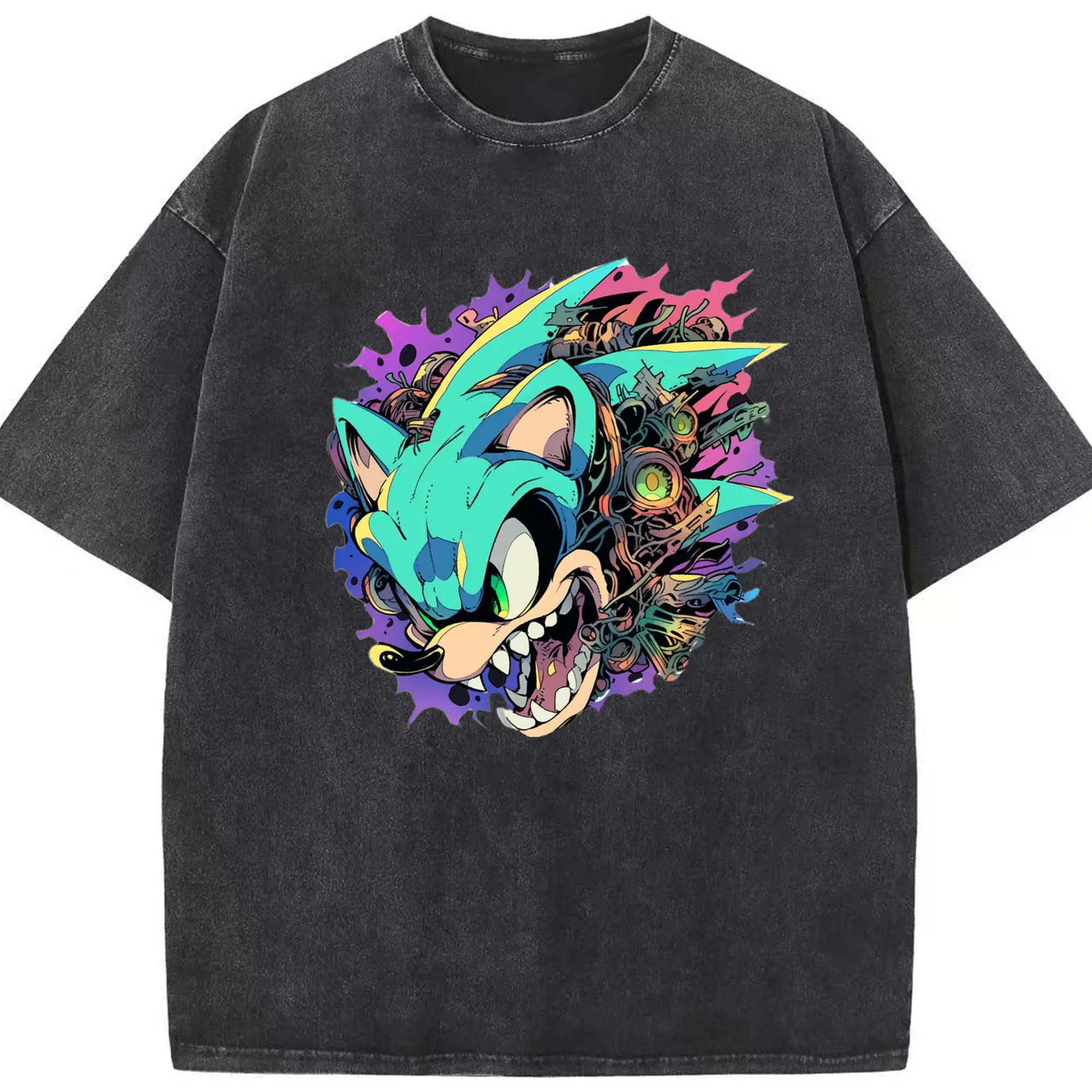 Sonic Collage Cyberpunk Graphic Tee - Washed Vintage Look 230g Cotton Oversized T-Shirt With Front Heat Transfer Print – Soft, Lightweight, Stylish Fit – Comfortable Casual Wear For Sports & Everyday Use