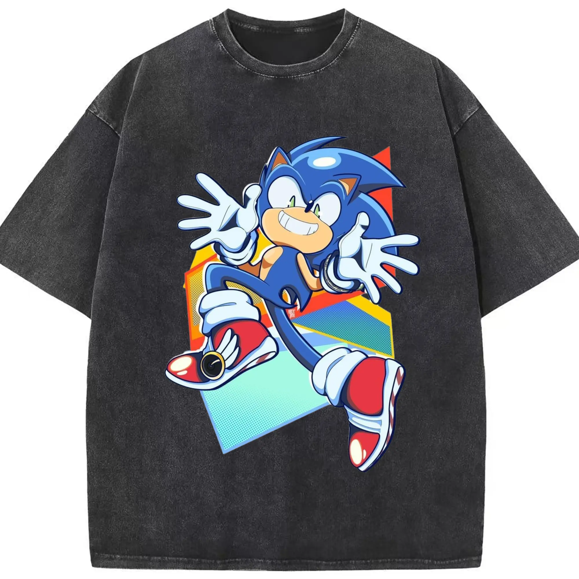 Sonic Collage Graphic Tee - Washed Vintage Look 230g Cotton Oversized T-Shirt With Front Heat Transfer Print – Soft, Lightweight, Stylish Fit – Comfortable Casual Wear For Sports & Everyday Use