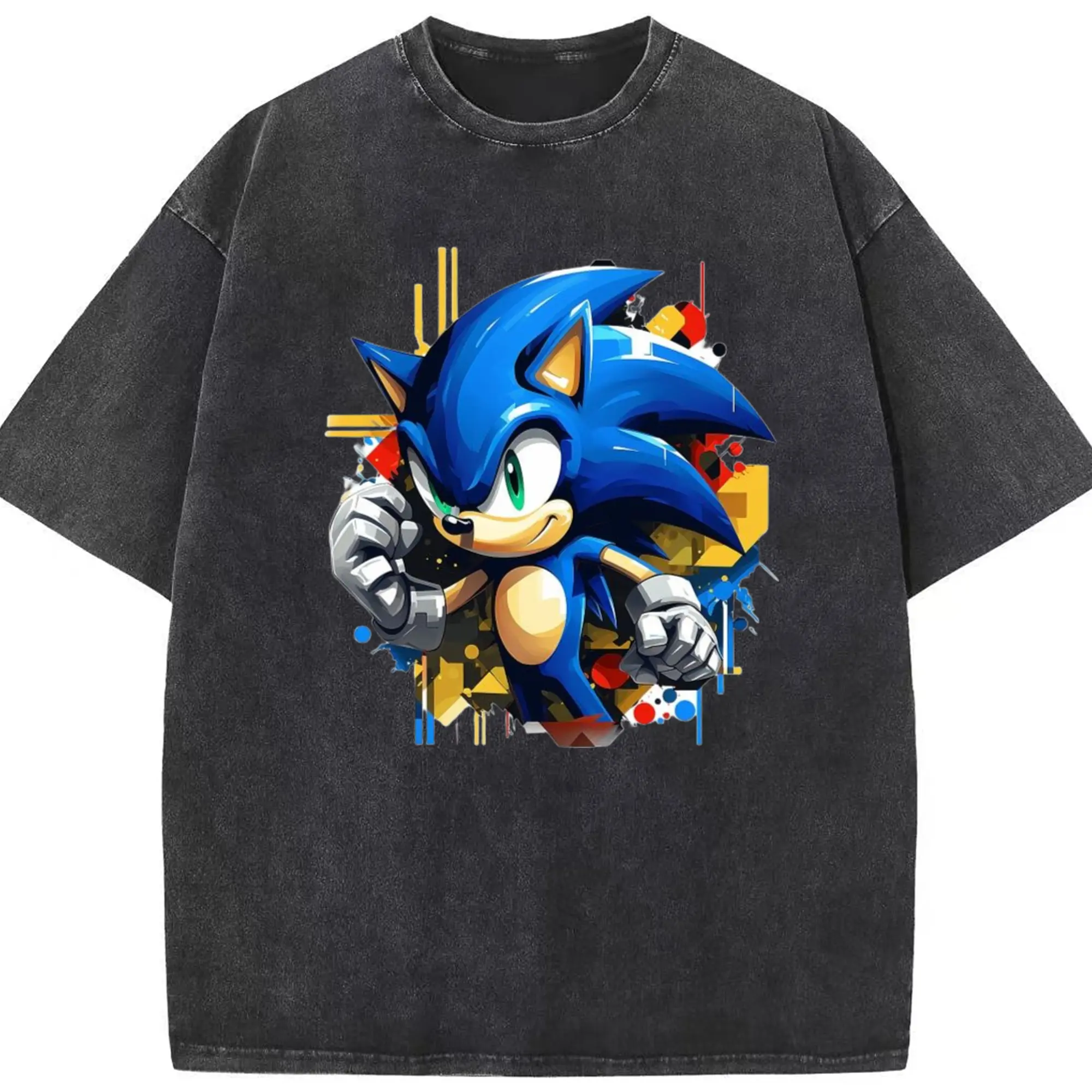 Super Sonic classic tee - Washed Vintage Look 230g Cotton Oversized T-Shirt With Front Heat Transfer Print – Soft, Lightweight, Stylish Fit – Comfortable Casual Wear For Sports & Everyday Use