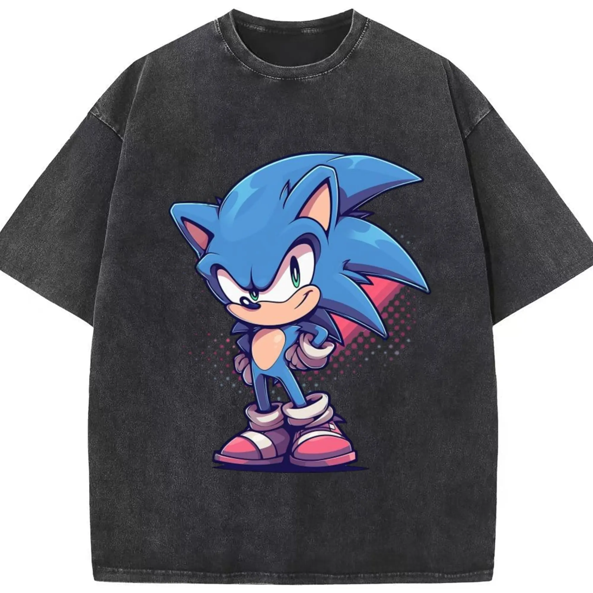 Super Sonic t-shirt - Washed Vintage Look 230g Cotton Oversized T-Shirt With Front Heat Transfer Print – Soft, Lightweight, Stylish Fit – Comfortable Casual Wear For Sports & Everyday Use