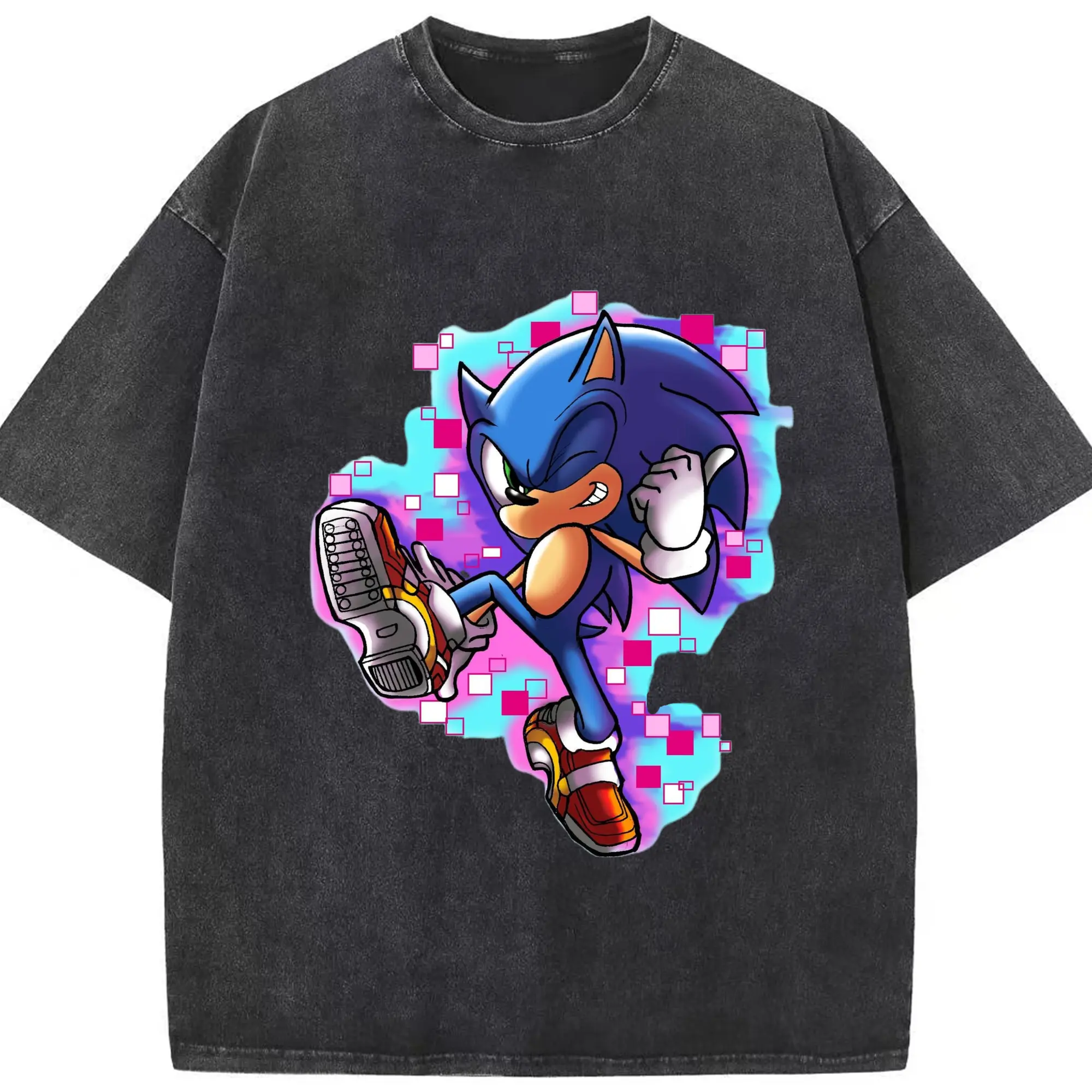 Youth Super Sonic tee - Washed Vintage Look 230g Cotton Oversized T-Shirt With Front Heat Transfer Print – Soft, Lightweight, Stylish Fit – Comfortable Casual Wear For Sports & Everyday Use