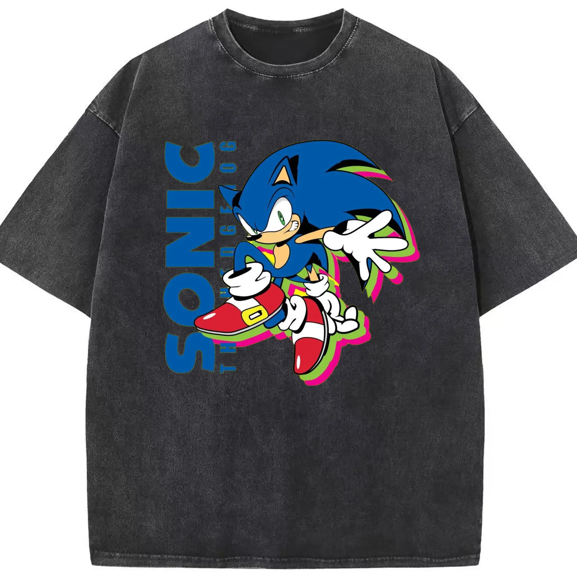 Youth Super Sonic t-shirt - Washed Vintage Look 230g Cotton Oversized T-Shirt With Front Heat Transfer Print – Soft, Lightweight, Stylish Fit – Comfortable Casual Wear For Sports & Everyday Use