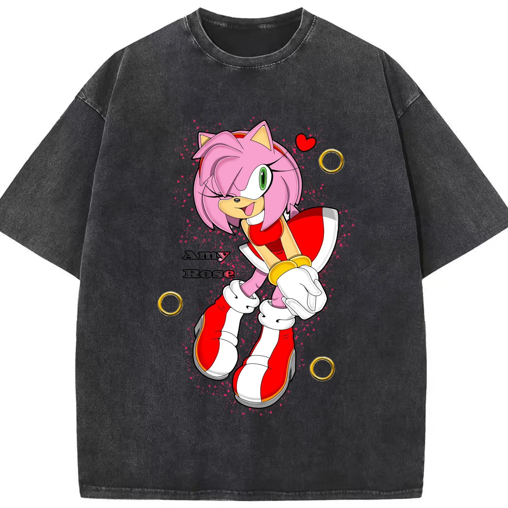 Amy Rose art t-shirt - Washed Vintage Look 230g Cotton Oversized T-Shirt With Front Heat Transfer Print – Soft, Lightweight, Stylish Fit – Comfortable Casual Wear For Sports & Everyday Use