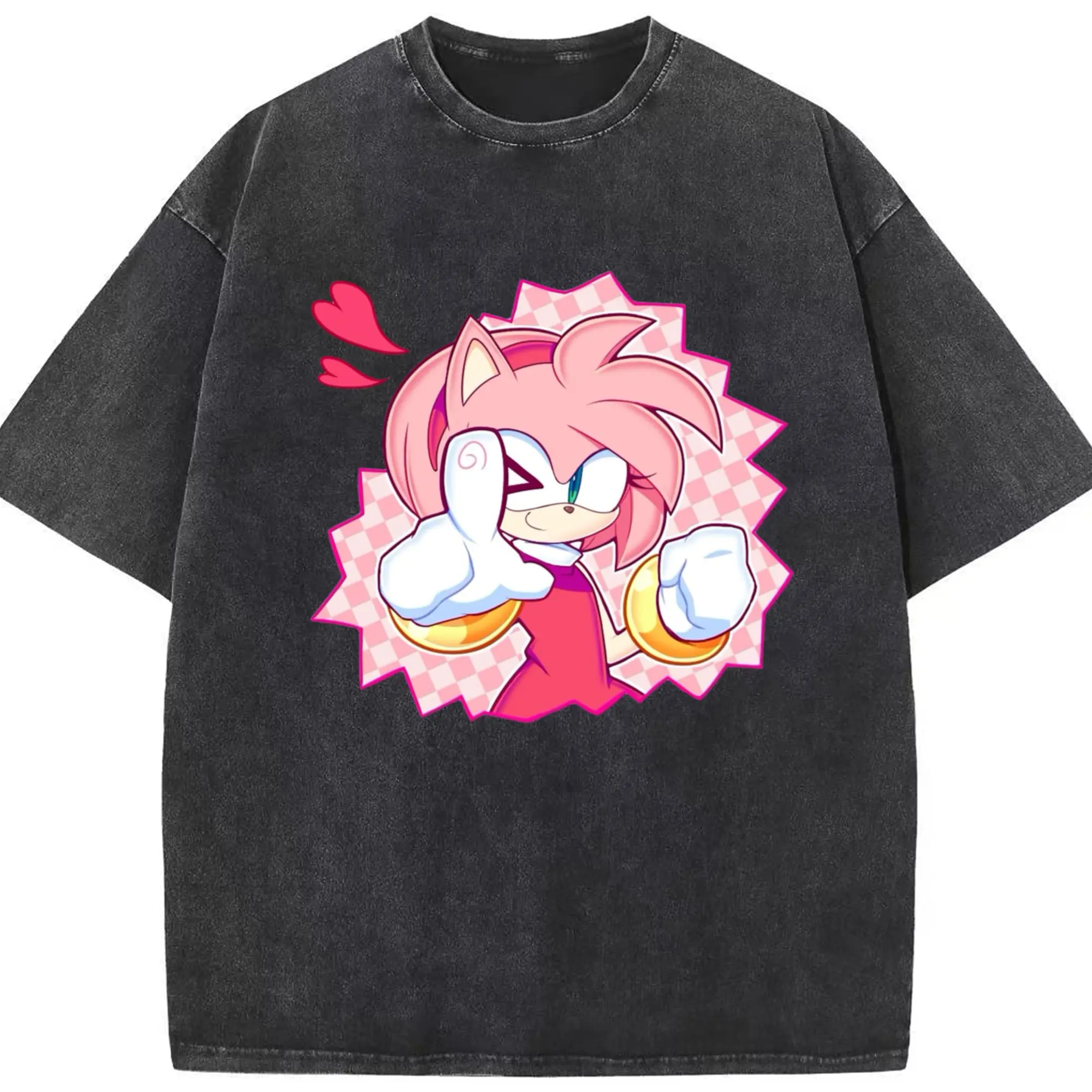 Amy Rose face t-shirt - Washed Vintage Look 230g Cotton Oversized T-Shirt With Front Heat Transfer Print – Soft, Lightweight, Stylish Fit – Comfortable Casual Wear For Sports & Everyday Use