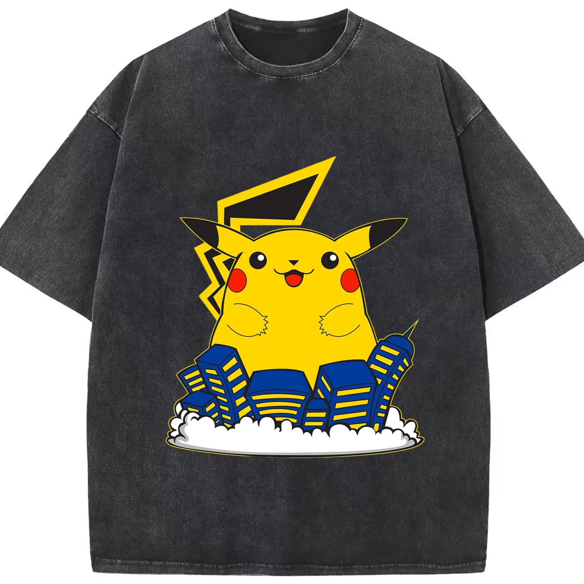 Mens huge pikachu shirt - Washed Vintage Look 230g Cotton Oversized T-Shirt With Front Heat Transfer Print – Soft, Lightweight, Stylish Fit – Comfortable Casual Wear For Sports & Everyday Use