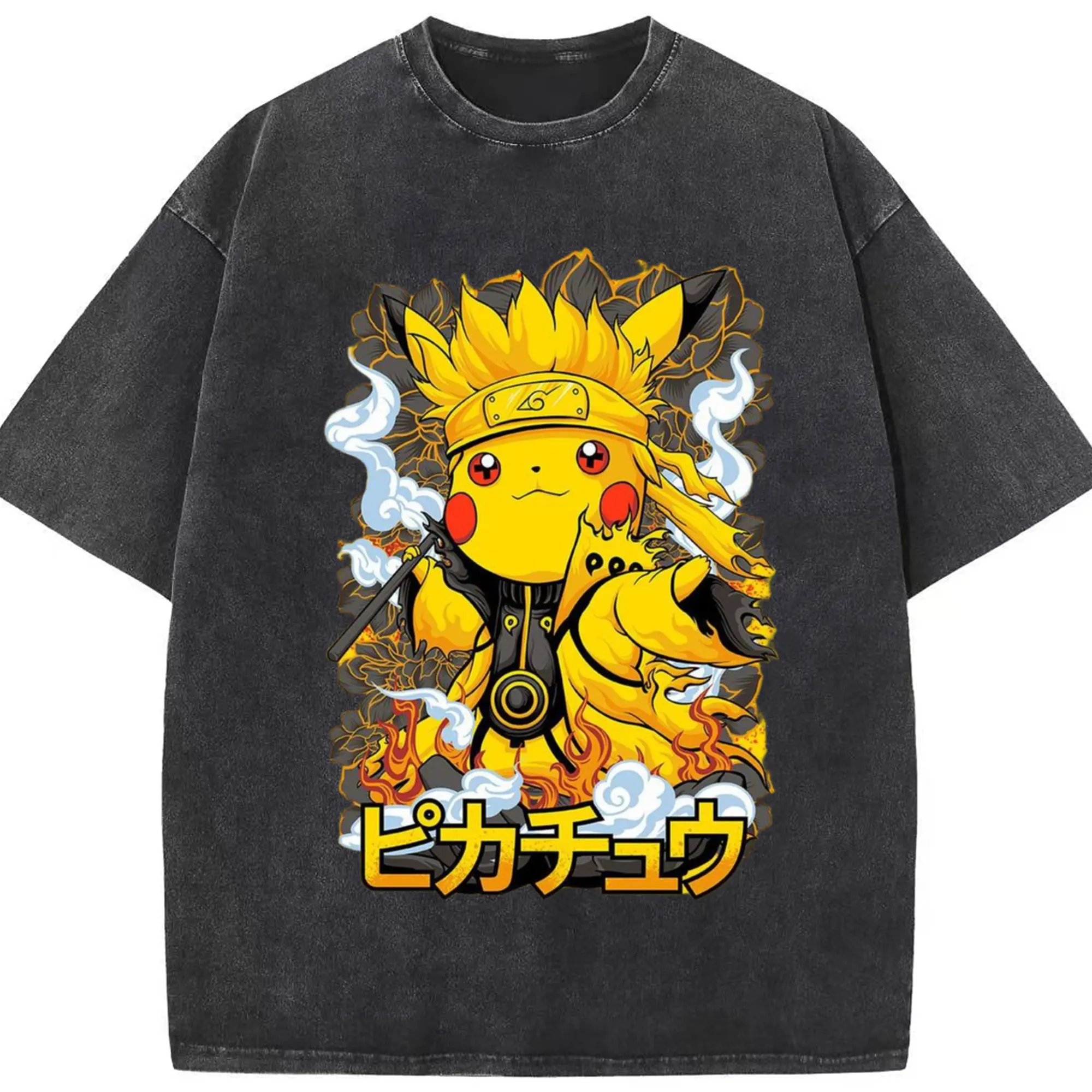 Mens pikachu art shirt - Washed Vintage Look 230g Cotton Oversized T-Shirt With Front Heat Transfer Print – Soft, Lightweight, Stylish Fit – Comfortable Casual Wear For Sports & Everyday Use