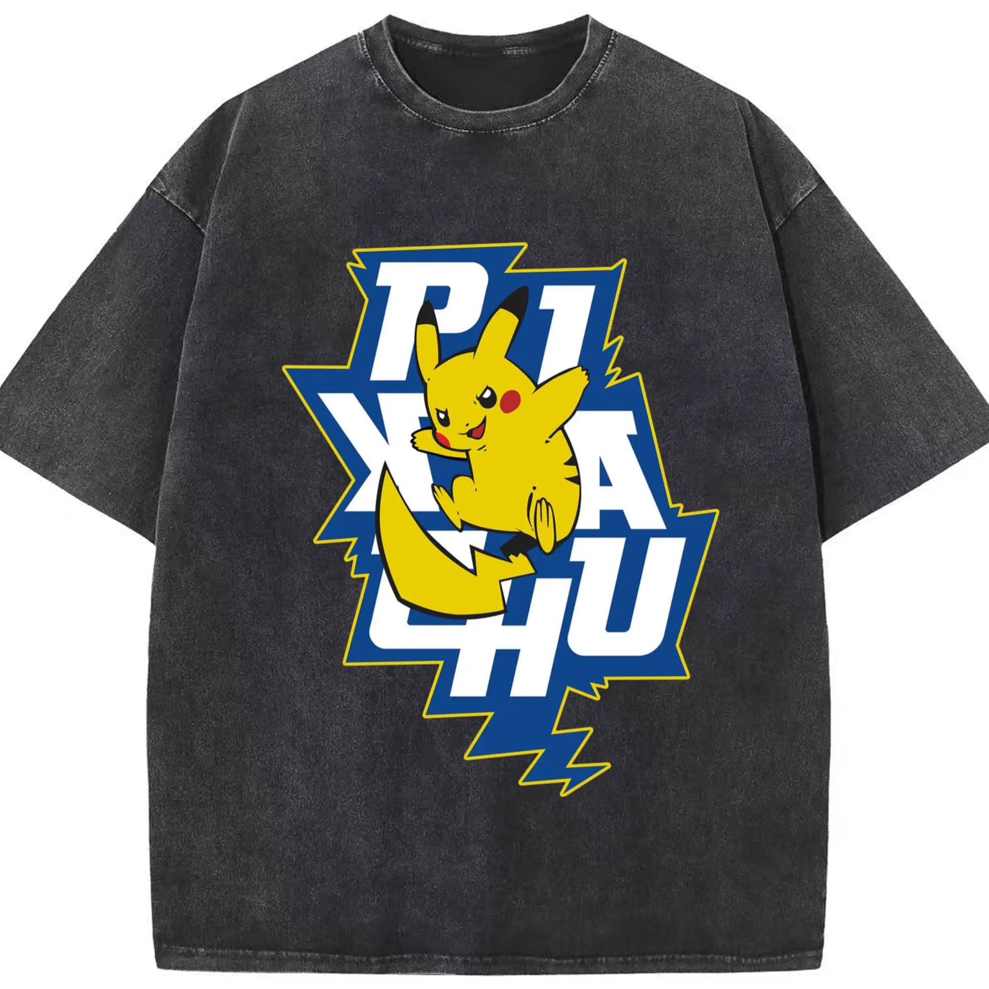 Mens pikachu icon shirt - Washed Vintage Look 230g Cotton Oversized T-Shirt With Front Heat Transfer Print – Soft, Lightweight, Stylish Fit – Comfortable Casual Wear For Sports & Everyday Use