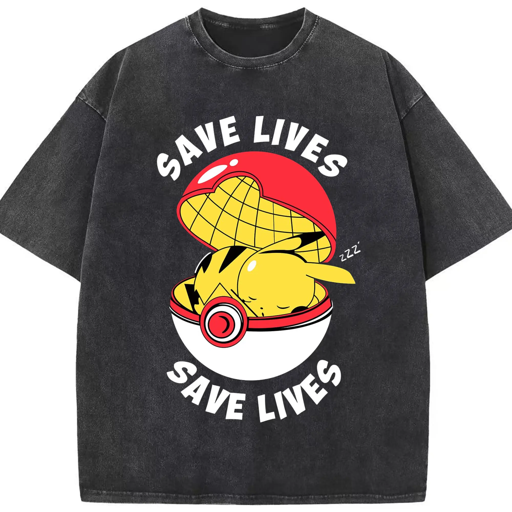 Mens pikachu shir - Washed Vintage Look 230g Cotton Oversized T-Shirt With Front Heat Transfer Print – Soft, Lightweight, Stylish Fit – Comfortable Casual Wear For Sports & Everyday Use