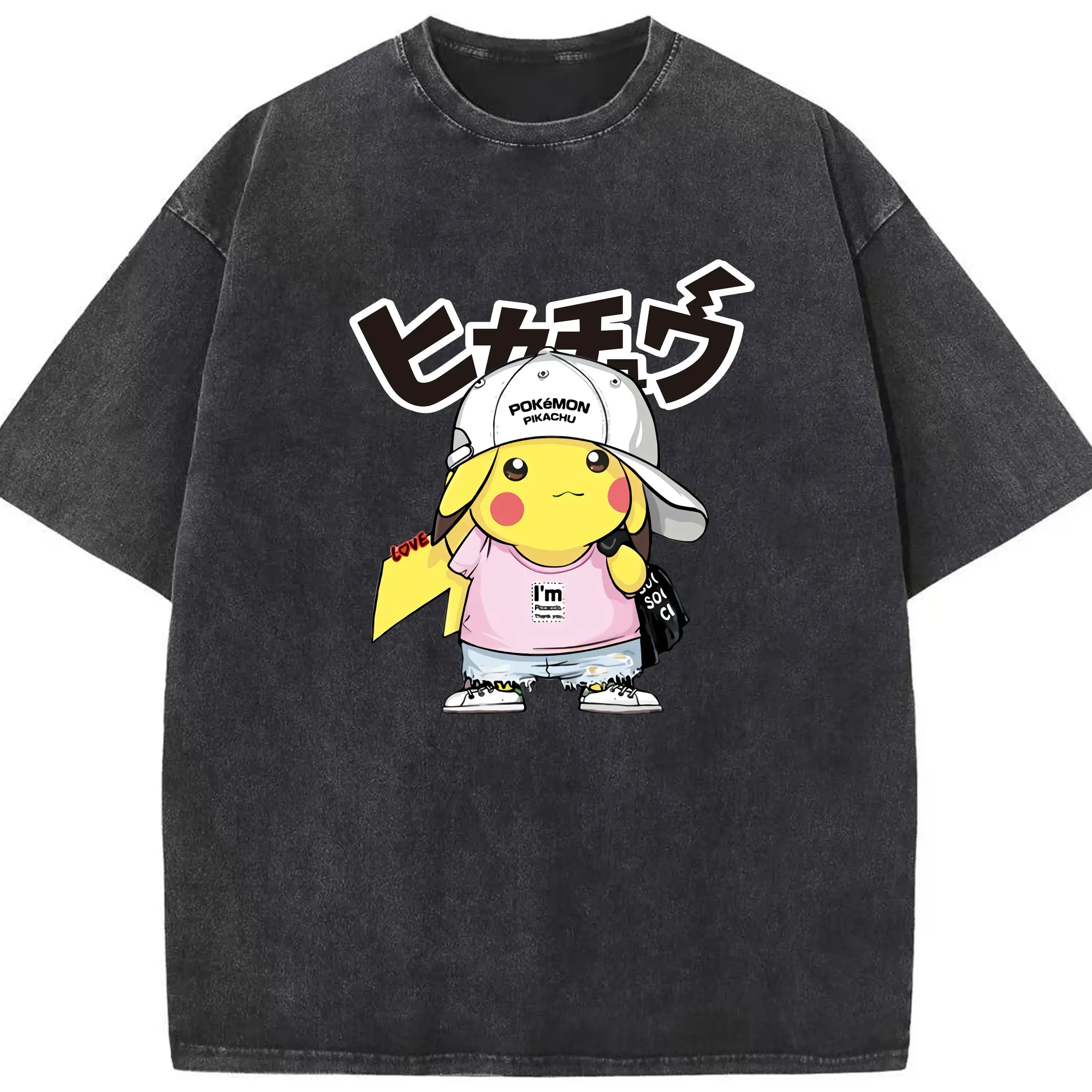 Pikachu graphic t shirt​ - Washed Vintage Look 230g Cotton Oversized T-Shirt With Front Heat Transfer Print – Soft, Lightweight, Stylish Fit – Comfortable Casual Wear For Sports & Everyday Use
