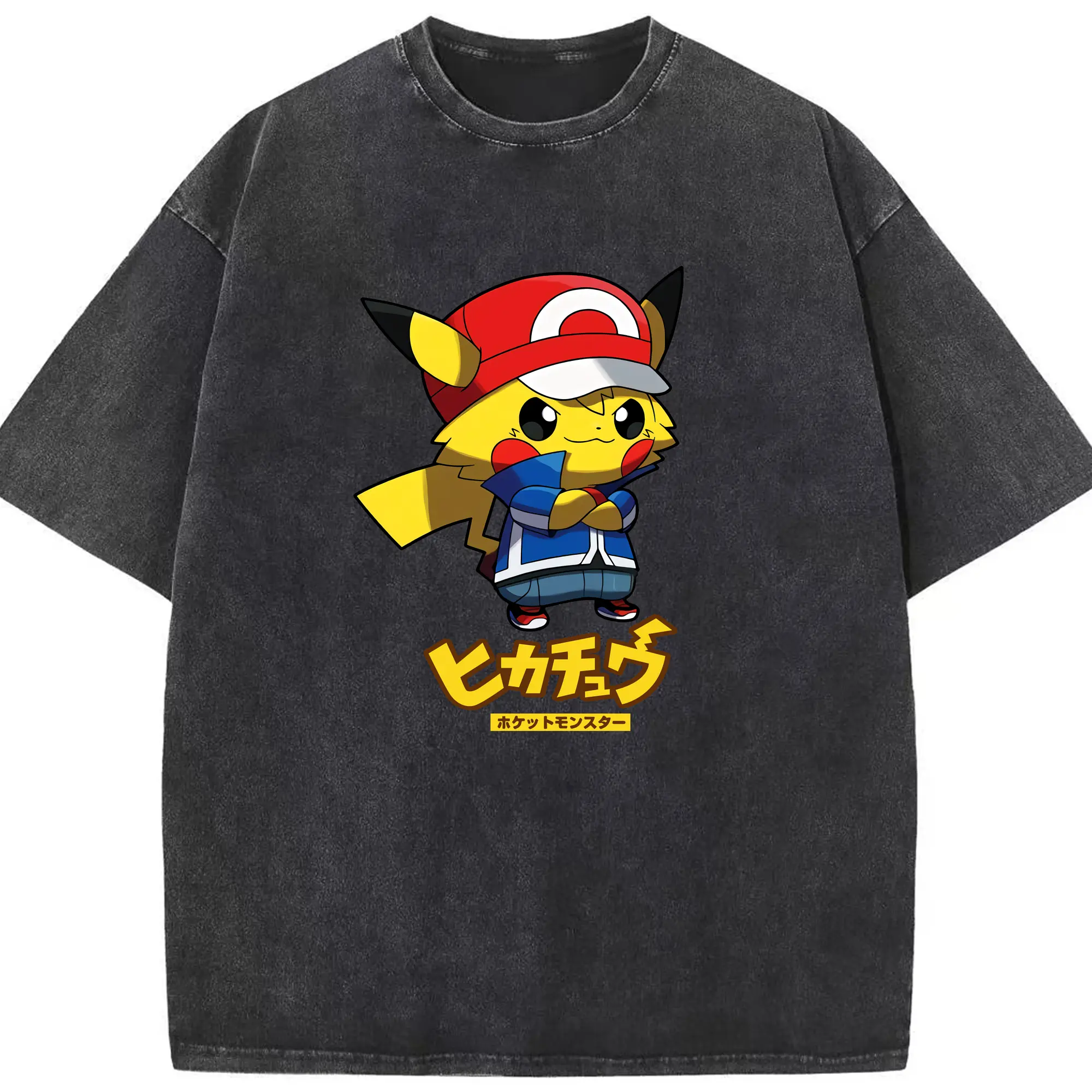 Pikachu graphic tee - Washed Vintage Look 230g Cotton Oversized T-Shirt With Front Heat Transfer Print – Soft, Lightweight, Stylish Fit – Comfortable Casual Wear For Sports & Everyday Use