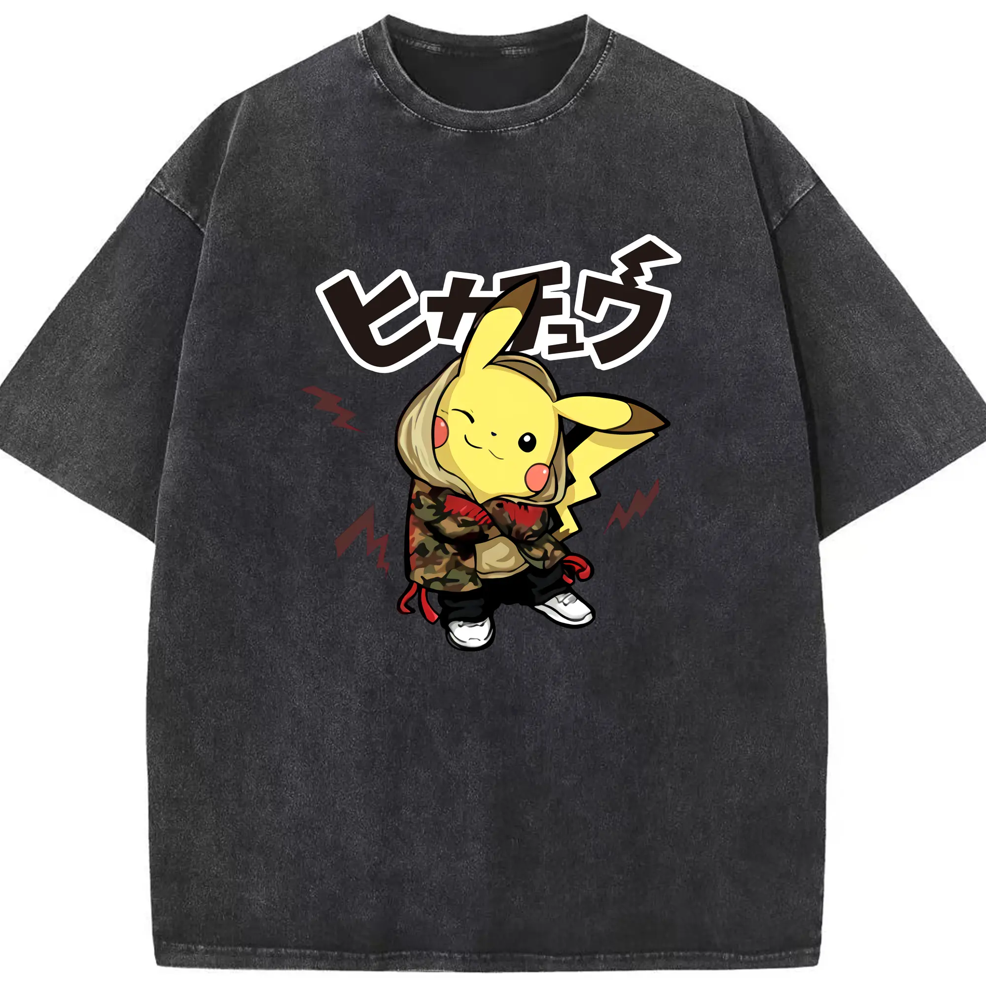 Pikachu graphic tide t shirt​ - Washed Vintage Look 230g Cotton Oversized T-Shirt With Front Heat Transfer Print – Soft, Lightweight, Stylish Fit – Comfortable Casual Wear For Sports & Everyday Use