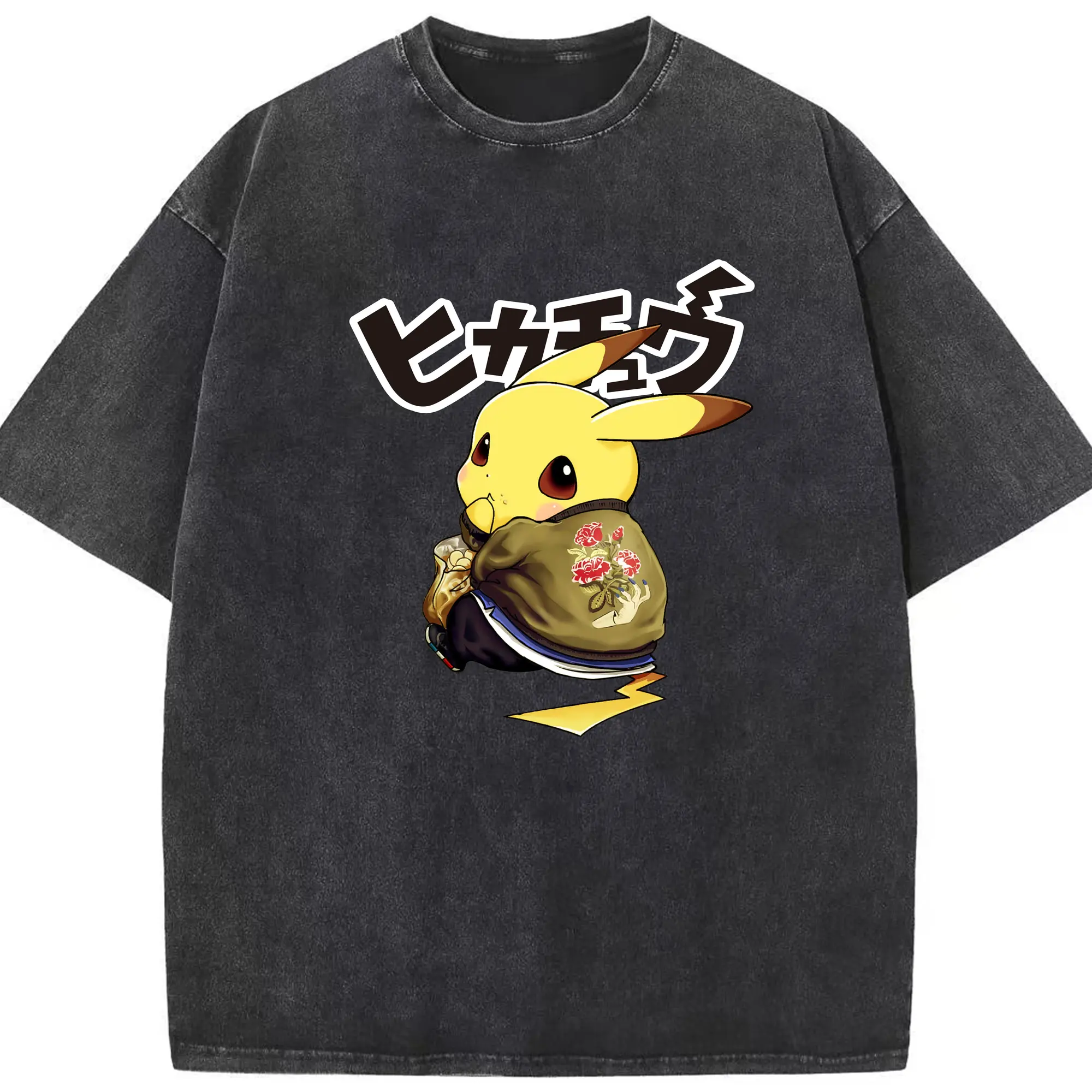 Pokemon Pikachu graphic tee - Washed Vintage Look 230g Cotton Oversized T-Shirt With Front Heat Transfer Print – Soft, Lightweight, Stylish Fit – Comfortable Casual Wear For Sports & Everyday Use