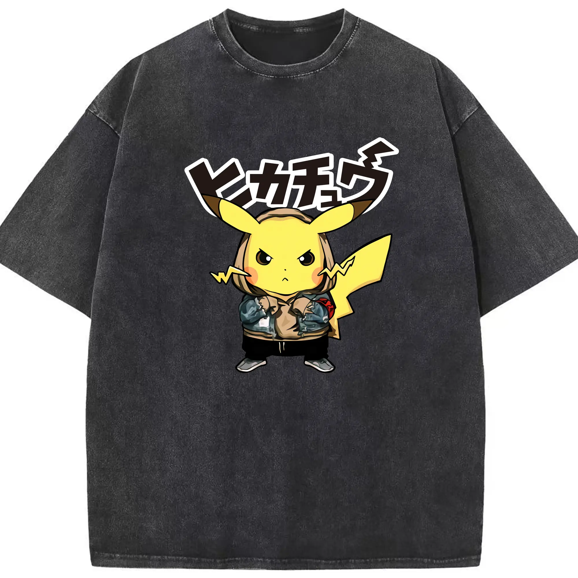 Pokemon Pikachu graphic t-shirt - Washed Vintage Look 230g Cotton Oversized T-Shirt With Front Heat Transfer Print – Soft, Lightweight, Stylish Fit – Comfortable Casual Wear For Sports & Everyday Use