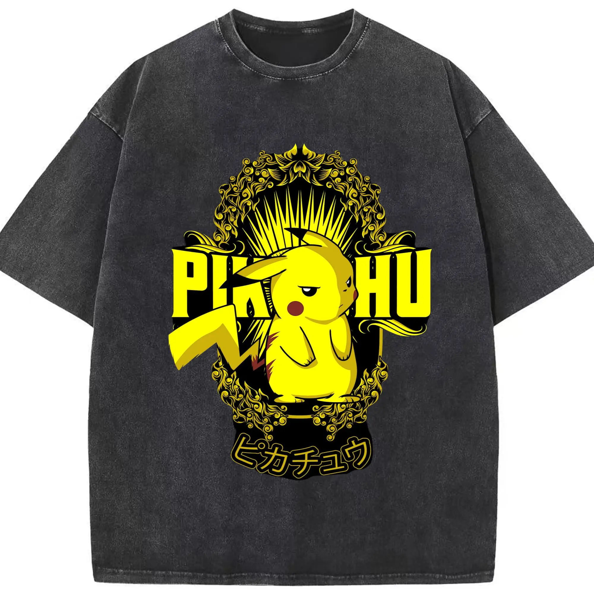 Pokemon Pikachu t-shirt - Washed Vintage Look 230g Cotton Oversized T-Shirt With Front Heat Transfer Print – Soft, Lightweight, Stylish Fit – Comfortable Casual Wear For Sports & Everyday Use