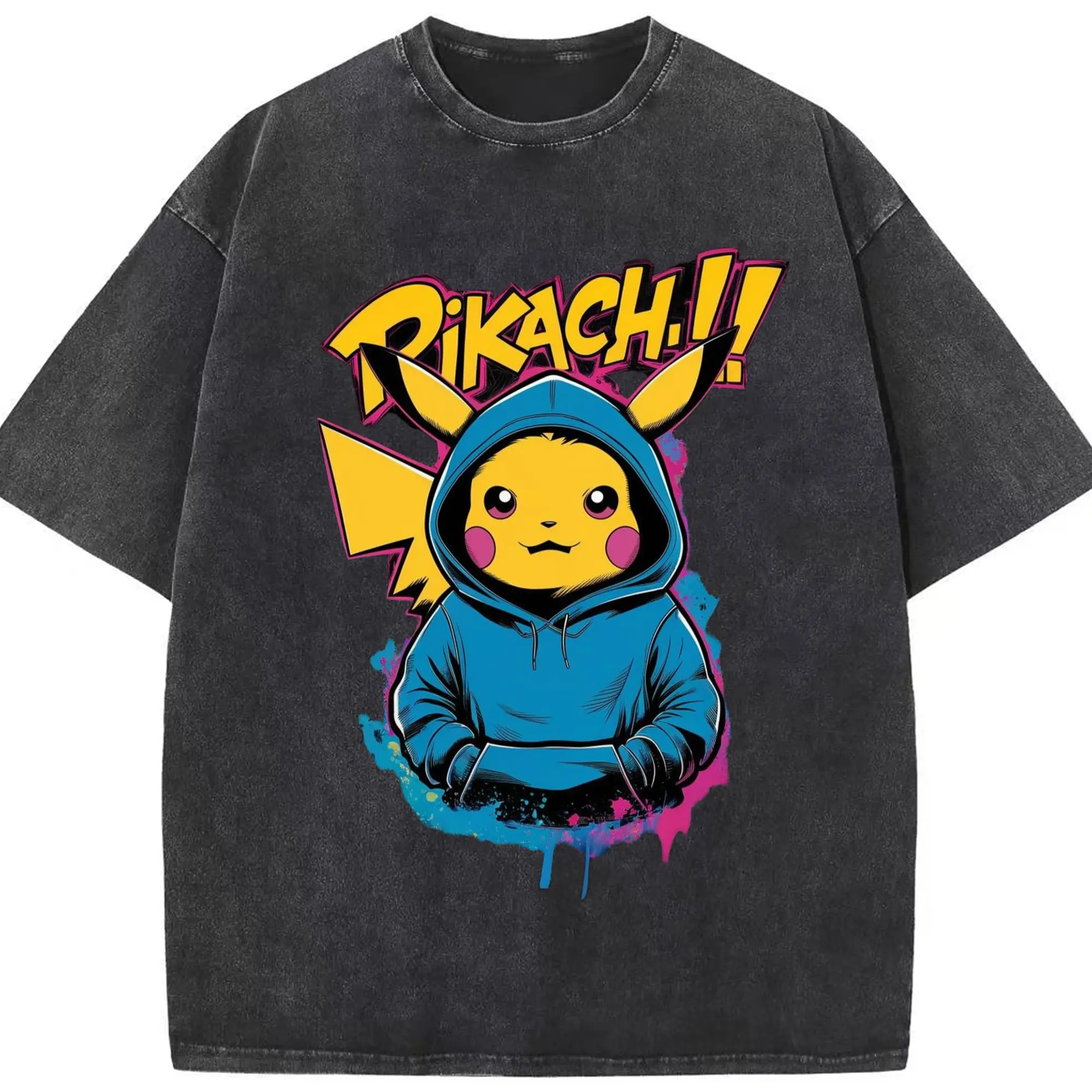 Vintage pikachu shirt​ - Washed Vintage Look 230g Cotton Oversized T-Shirt With Front Heat Transfer Print – Soft, Lightweight, Stylish Fit – Comfortable Casual Wear For Sports & Everyday Use