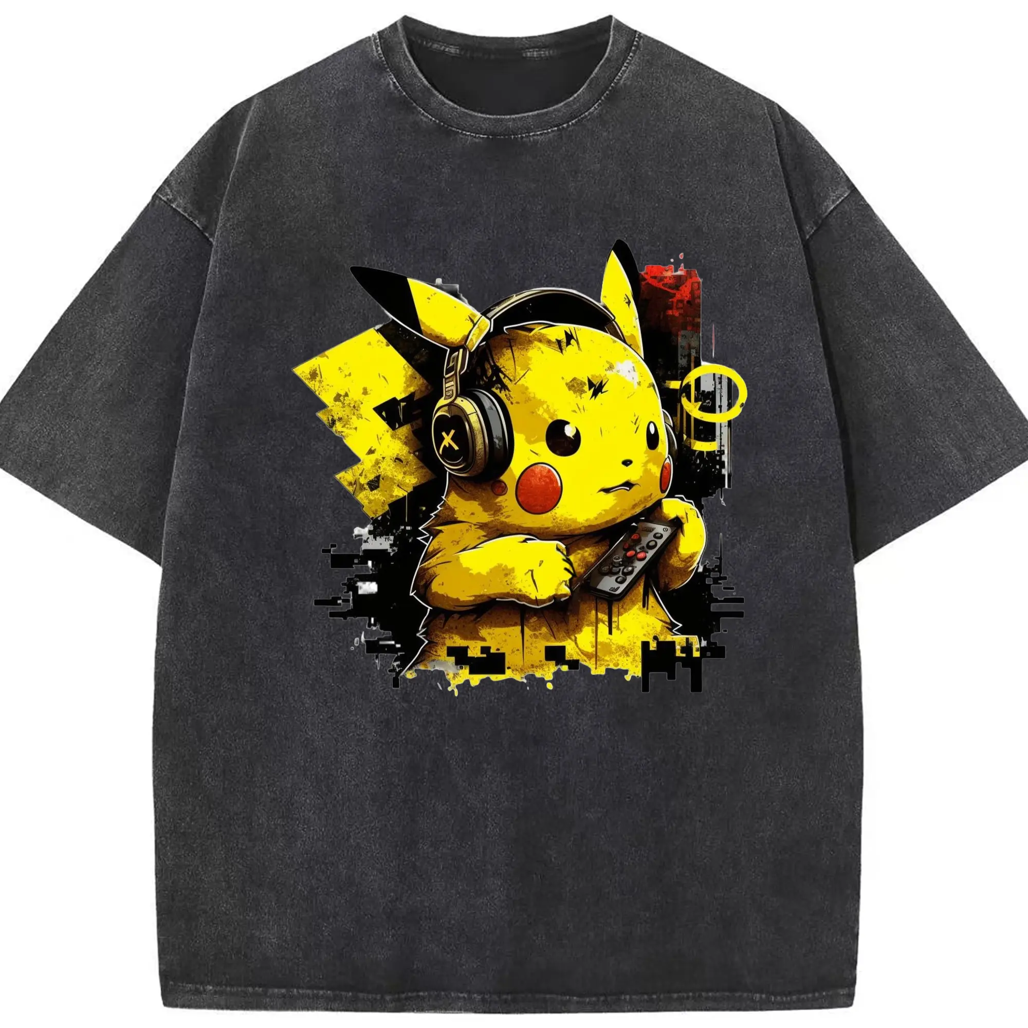 Womens pikachu fraphic tee - Washed Vintage Look 230g Cotton Oversized T-Shirt With Front Heat Transfer Print – Soft, Lightweight, Stylish Fit – Comfortable Casual Wear For Sports & Everyday Use
