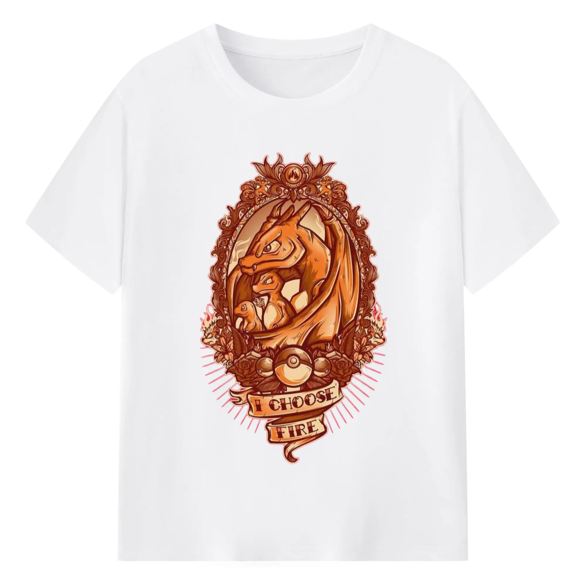 Charizard evolution t-shirt​ - 180g Cotton T-Shirt With Front Heat Transfer Print – Soft, Lightweight, Fitted Design – Comfortable Casual Wear For Sports & Everyday Use