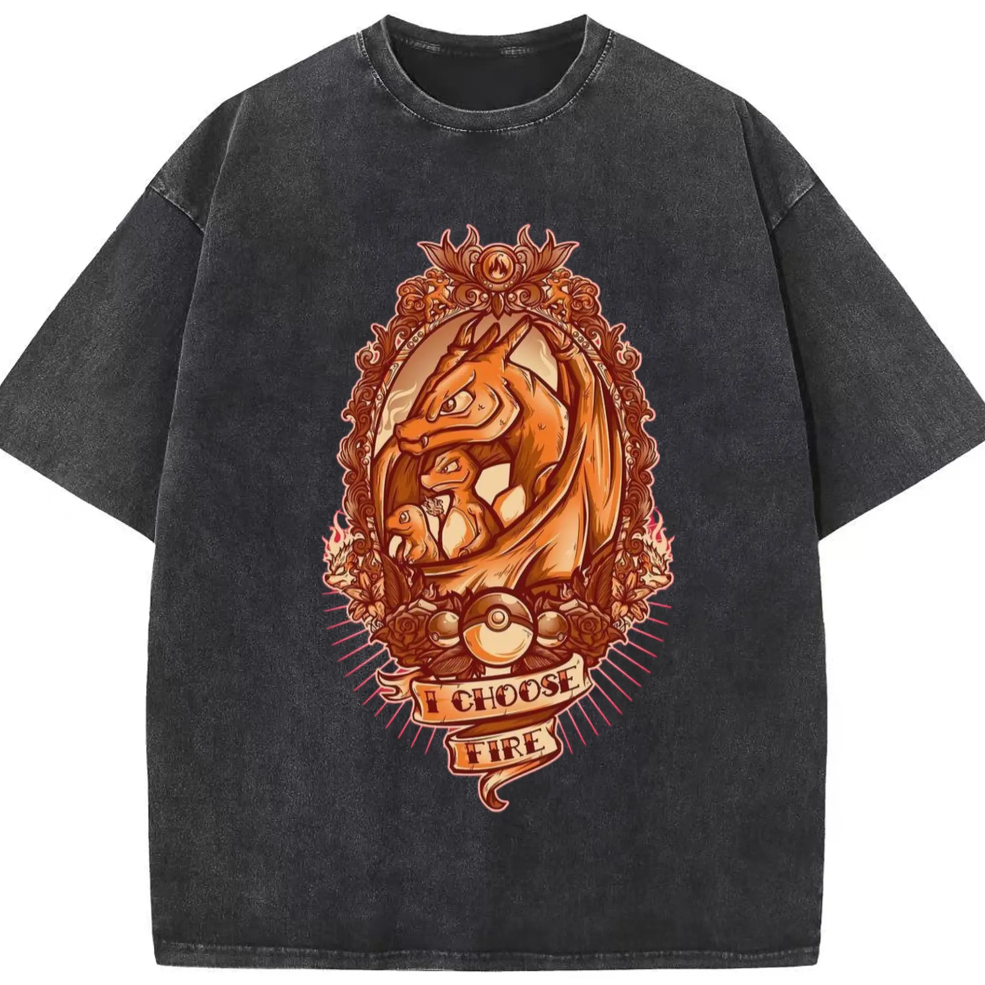 Charizard evolution t-shirt​ - Washed Vintage Look 230g Cotton Oversized T-Shirt With Front Heat Transfer Print – Soft, Lightweight, Stylish Fit – Comfortable Casual Wear For Sports & Everyday Use
