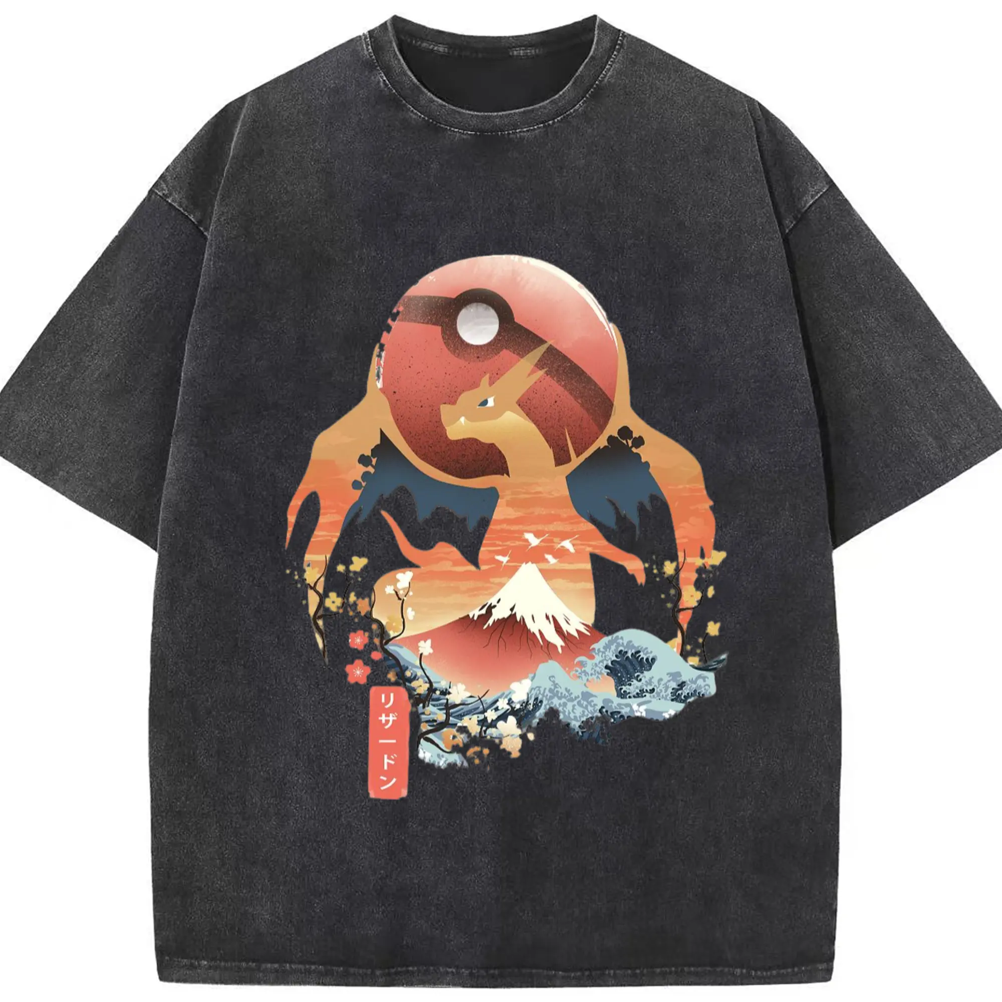 Mega y charizard t shirt - Washed Vintage Look 230g Cotton Oversized T-Shirt With Front Heat Transfer Print – Soft, Lightweight, Stylish Fit – Comfortable Casual Wear For Sports & Everyday Use