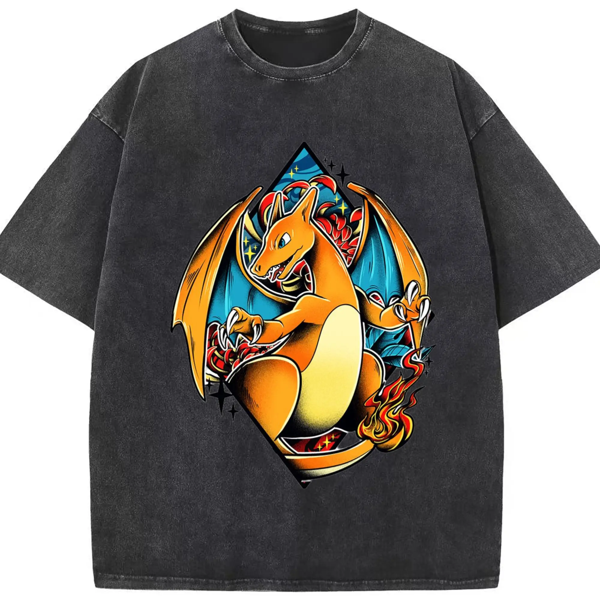 Mens charizard graphic t shirt - Washed Vintage Look 230g Cotton Oversized T-Shirt With Front Heat Transfer Print – Soft, Lightweight, Stylish Fit – Comfortable Casual Wear For Sports & Everyday Use