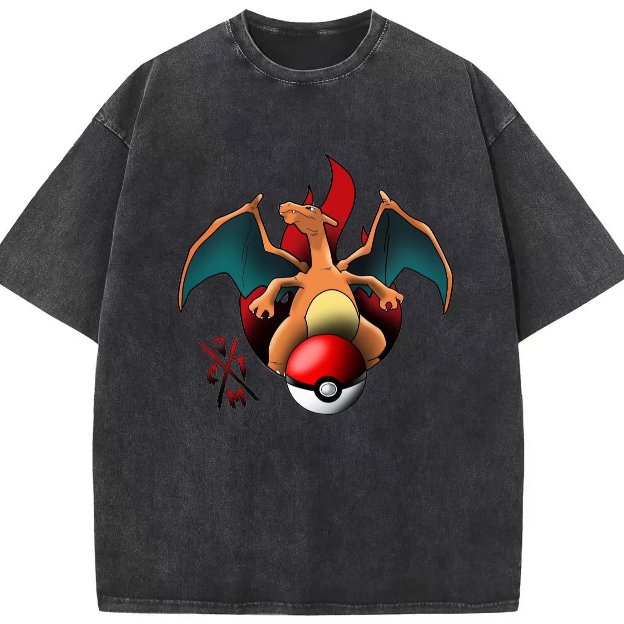 Mens charizard t shirt - Washed Vintage Look 230g Cotton Oversized T-Shirt With Front Heat Transfer Print – Soft, Lightweight, Stylish Fit – Comfortable Casual Wear For Sports & Everyday Use
