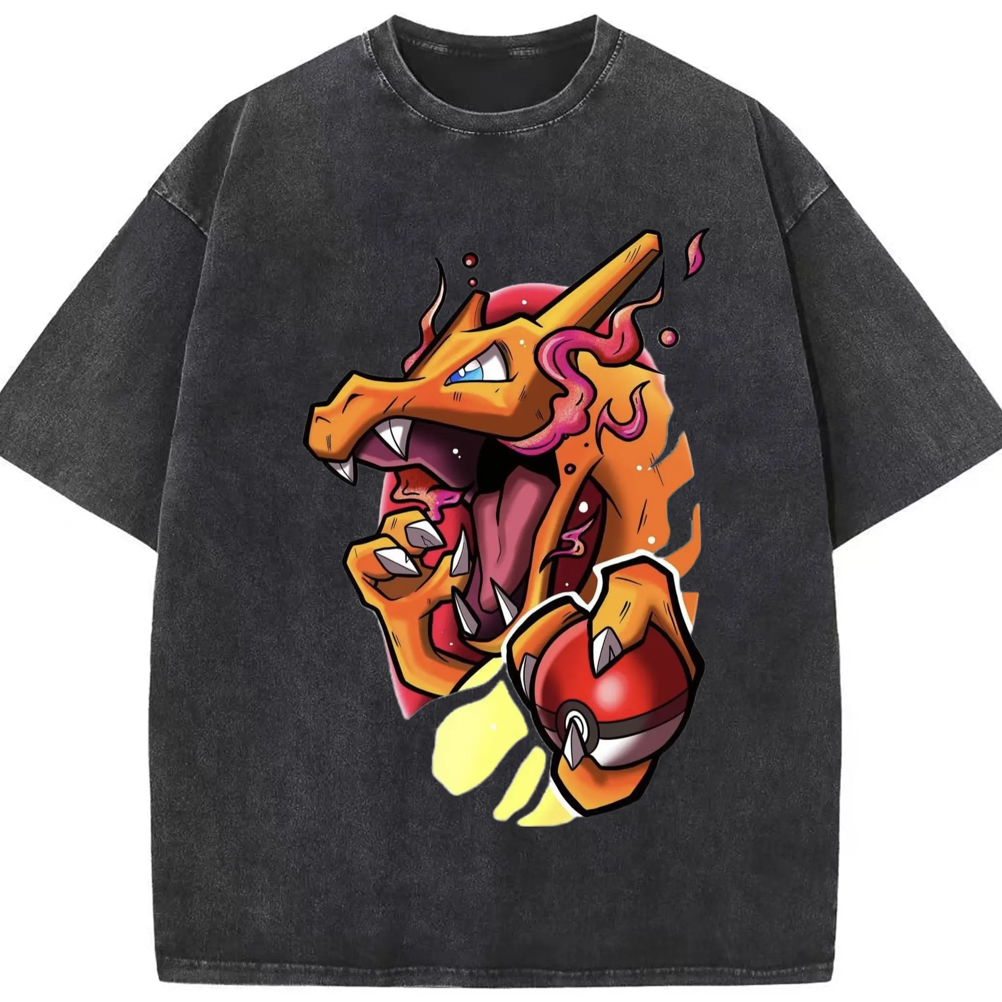 Mens charizard tee - Washed Vintage Look 230g Cotton Oversized T-Shirt With Front Heat Transfer Print – Soft, Lightweight, Stylish Fit – Comfortable Casual Wear For Sports & Everyday Use