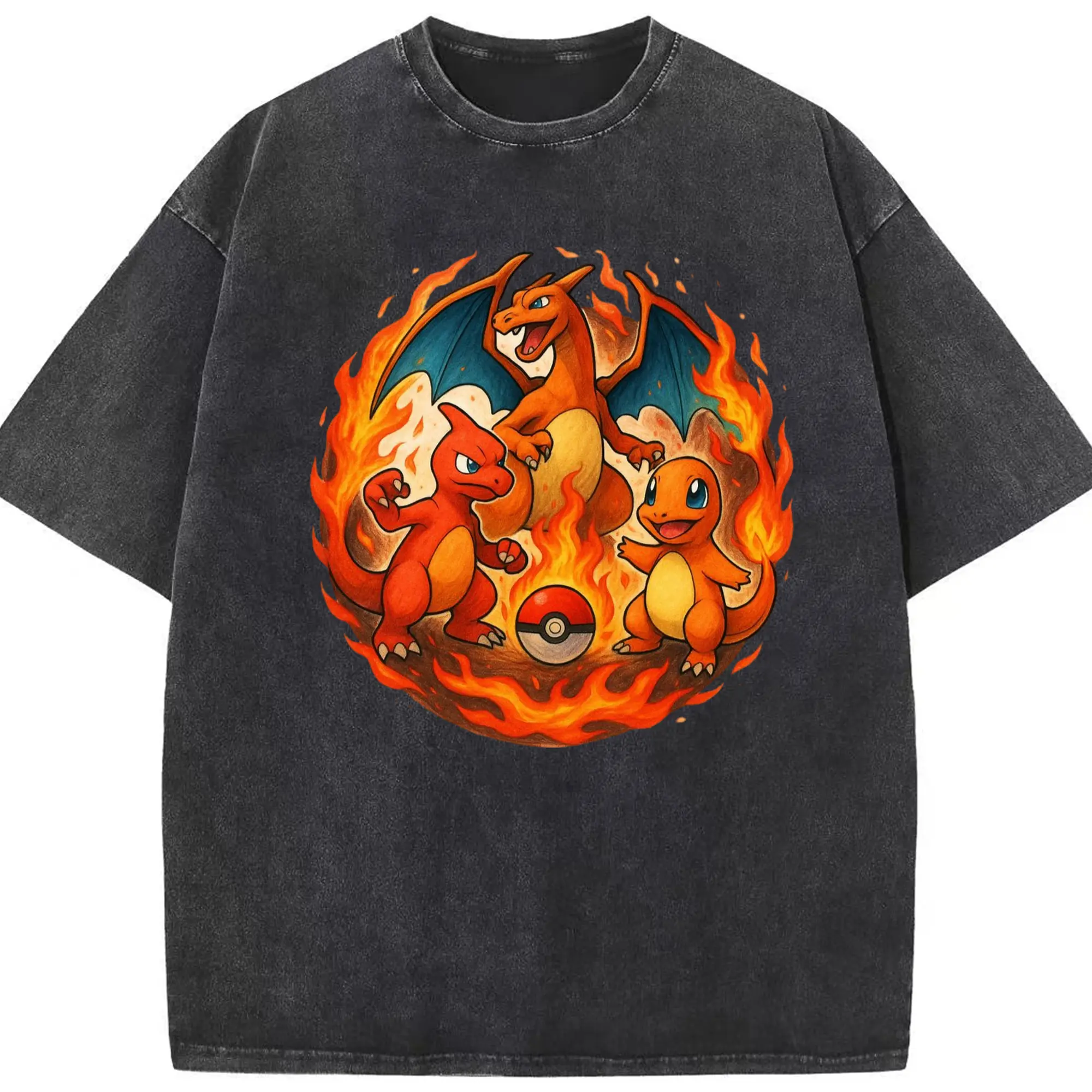 Pokemon charizard tee - Washed Vintage Look 230g Cotton Oversized T-Shirt With Front Heat Transfer Print – Soft, Lightweight, Stylish Fit – Comfortable Casual Wear For Sports & Everyday Use