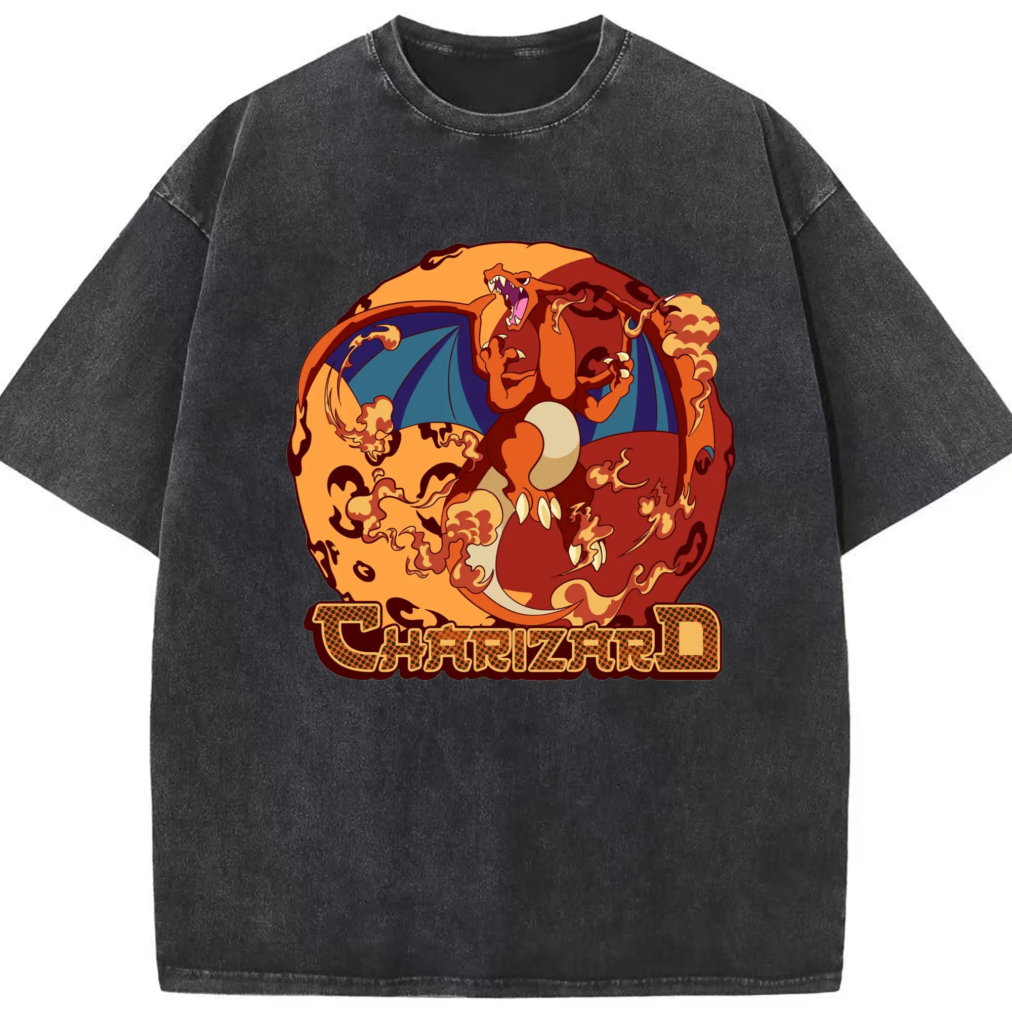 Pokemon charizard t-shirt - Washed Vintage Look 230g Cotton Oversized T-Shirt With Front Heat Transfer Print – Soft, Lightweight, Stylish Fit – Comfortable Casual Wear For Sports & Everyday Use