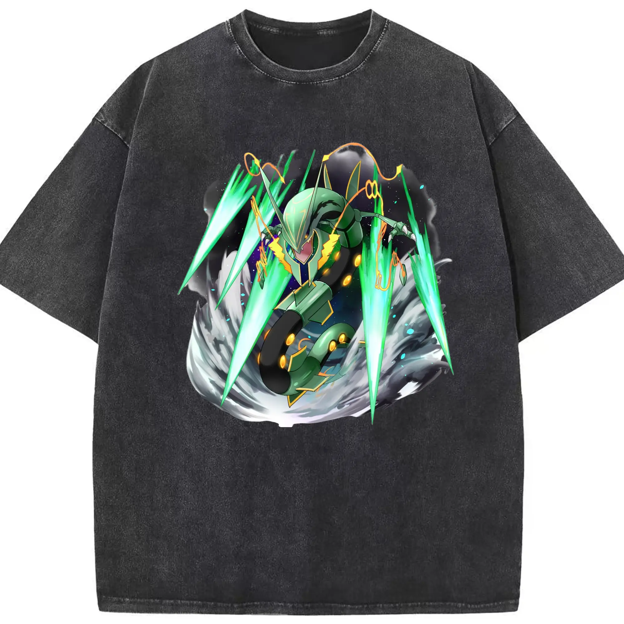 Mega rayquaza art graphic t shirt​ - Washed Vintage Look 230g Cotton Oversized T-Shirt With Front Heat Transfer Print – Soft, Lightweight, Stylish Fit – Comfortable Casual Wear For Sports & Everyday Use