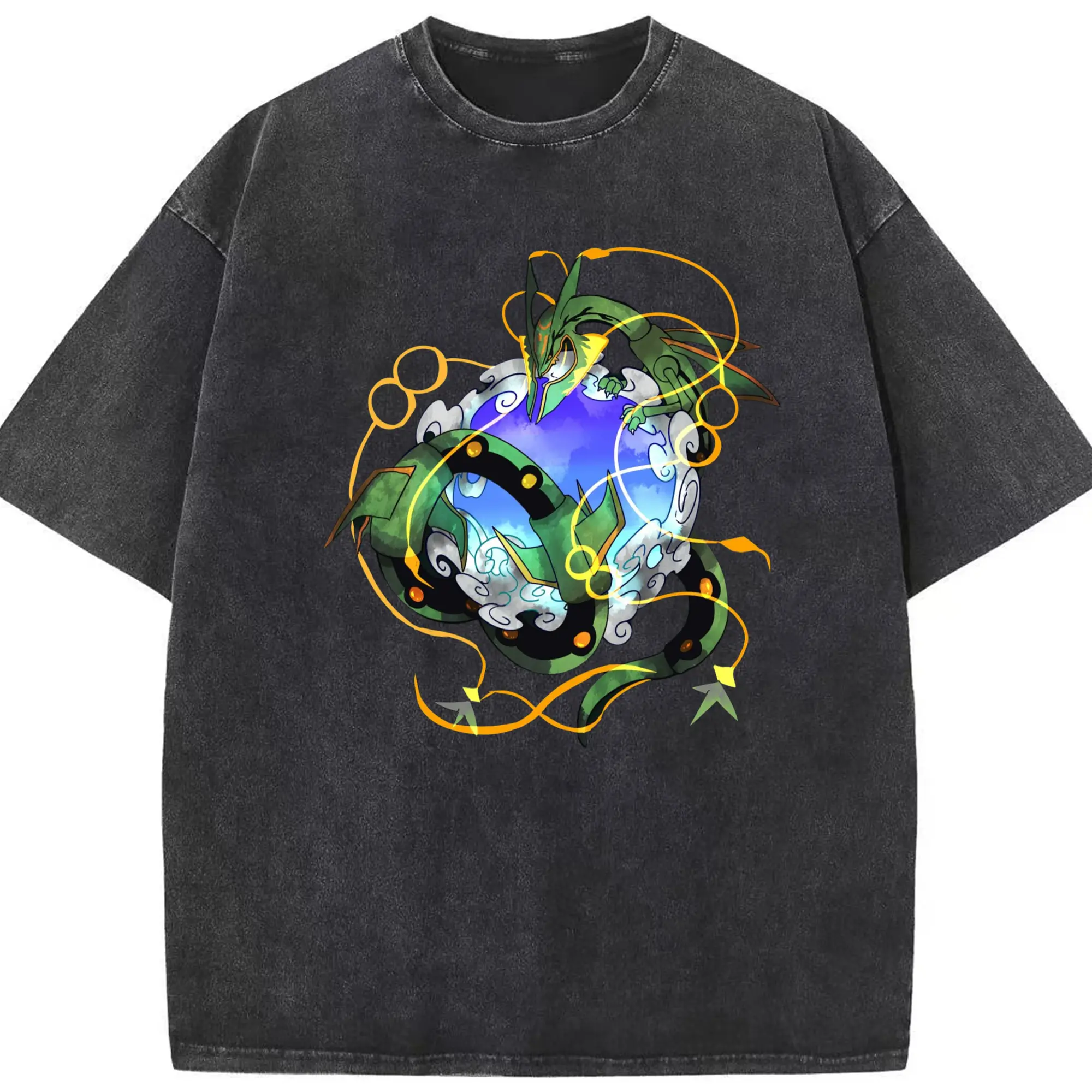 Mega rayquaza art t shirt​ - Washed Vintage Look 230g Cotton Oversized T-Shirt With Front Heat Transfer Print – Soft, Lightweight, Stylish Fit – Comfortable Casual Wear For Sports & Everyday Use