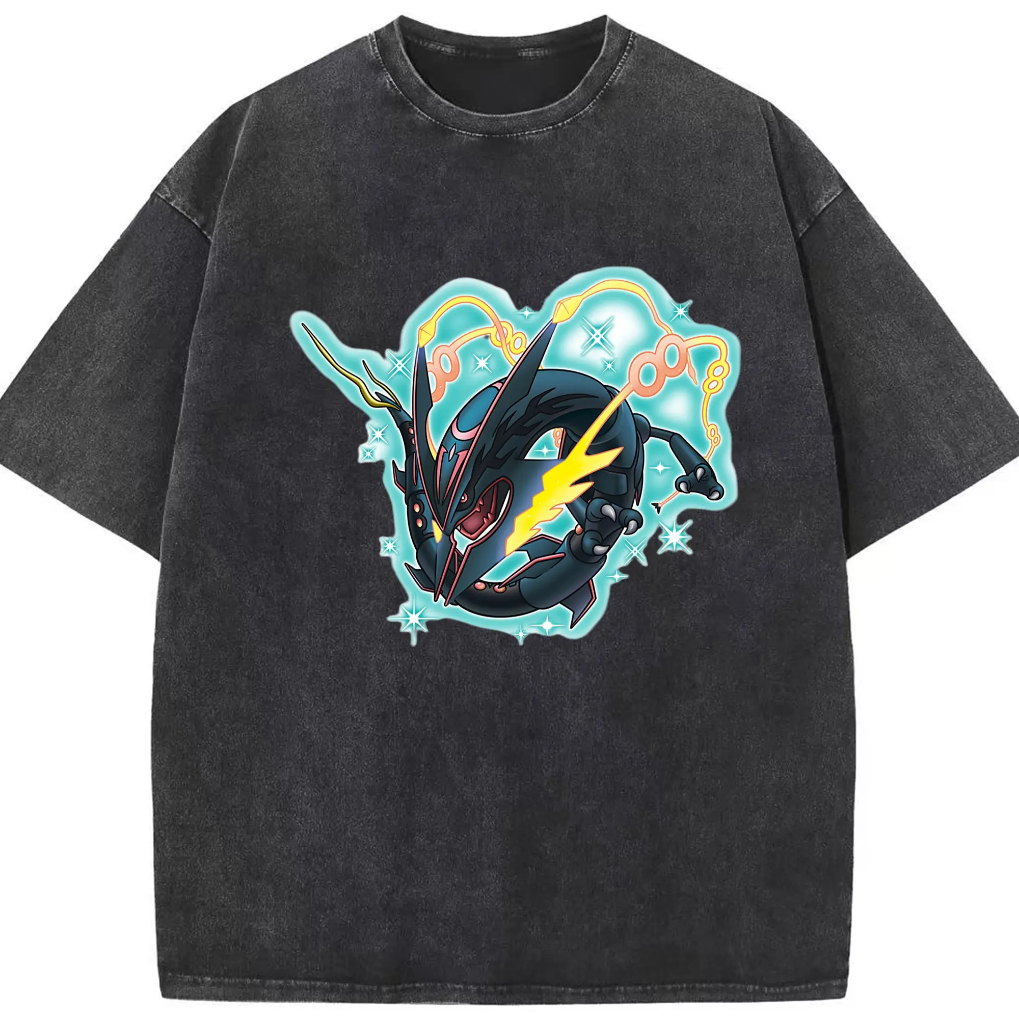 Mega rayquaza graphic t shirt​ - Washed Vintage Look 230g Cotton Oversized T-Shirt With Front Heat Transfer Print – Soft, Lightweight, Stylish Fit – Comfortable Casual Wear For Sports & Everyday Use