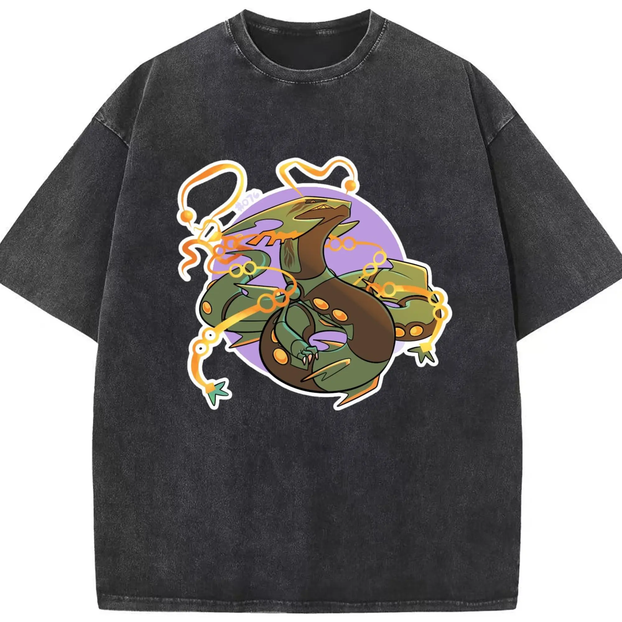 Pokemon rayquaza cartoon shirt - Washed Vintage Look 230g Cotton Oversized T-Shirt With Front Heat Transfer Print – Soft, Lightweight, Stylish Fit – Comfortable Casual Wear For Sports & Everyday Use