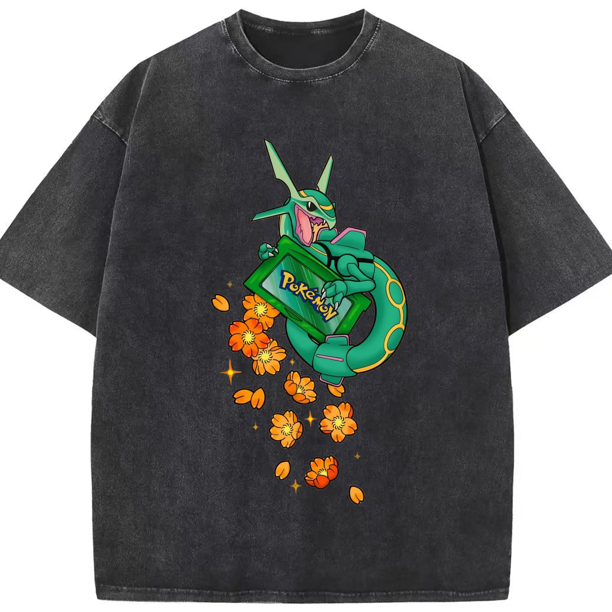 Pokemon rayquaza t-shirt - Washed Vintage Look 230g Cotton Oversized T-Shirt With Front Heat Transfer Print – Soft, Lightweight, Stylish Fit – Comfortable Casual Wear For Sports & Everyday Use