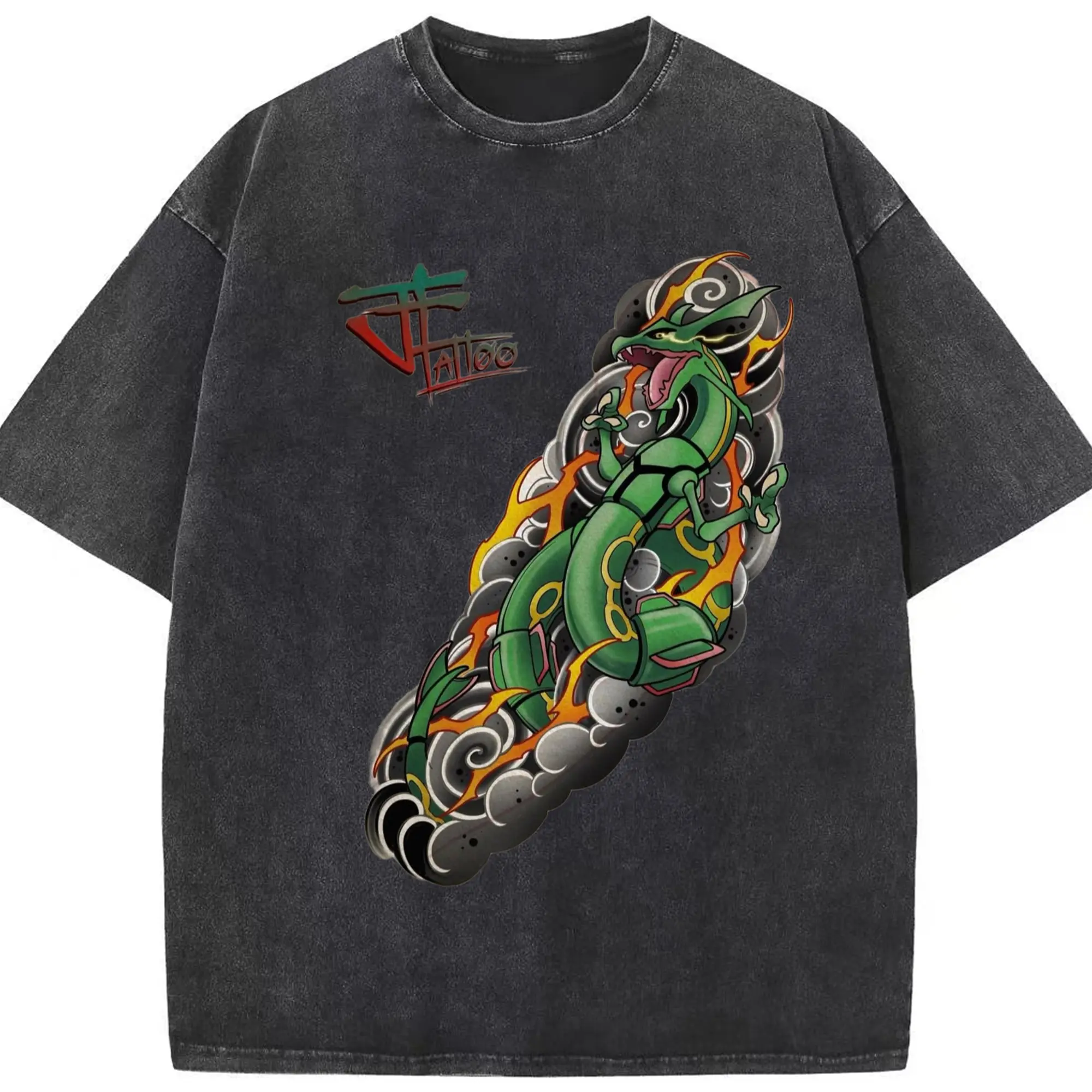 Rayquaza tee shirt - Washed Vintage Look 230g Cotton Oversized T-Shirt With Front Heat Transfer Print – Soft, Lightweight, Stylish Fit – Comfortable Casual Wear For Sports & Everyday Use