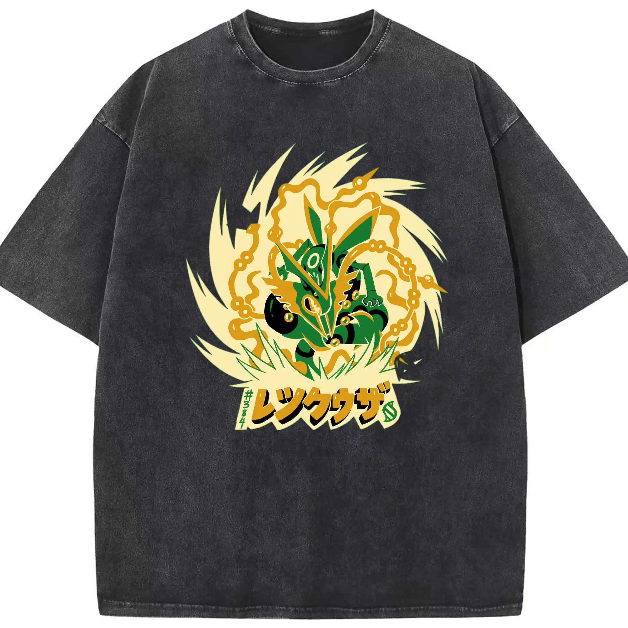 Retro rayquaza  t shirt - Washed Vintage Look 230g Cotton Oversized T-Shirt With Front Heat Transfer Print – Soft, Lightweight, Stylish Fit – Comfortable Casual Wear For Sports & Everyday Use