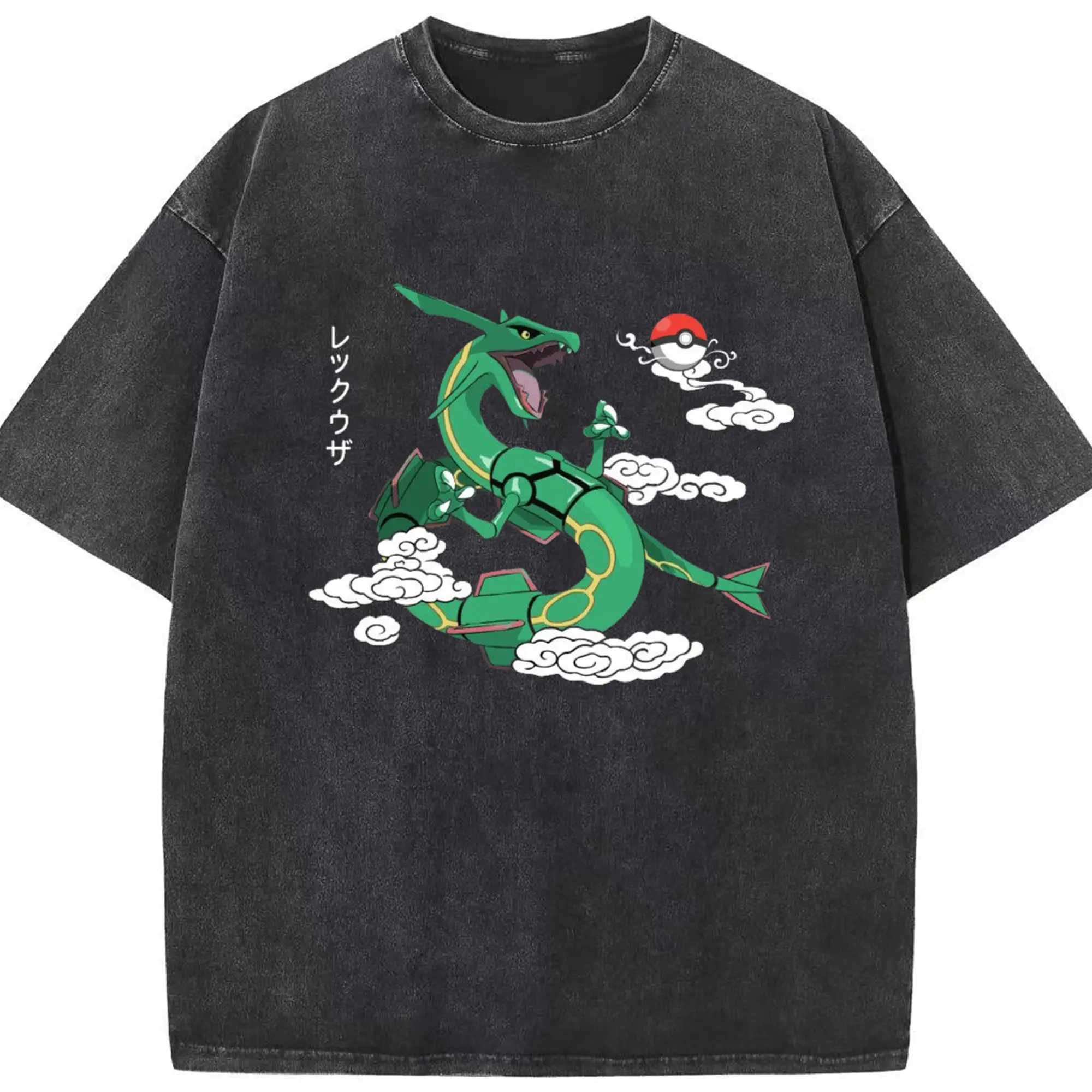 Retro rayquaza graphic t shirt - Washed Vintage Look 230g Cotton Oversized T-Shirt With Front Heat Transfer Print – Soft, Lightweight, Stylish Fit – Comfortable Casual Wear For Sports & Everyday Use