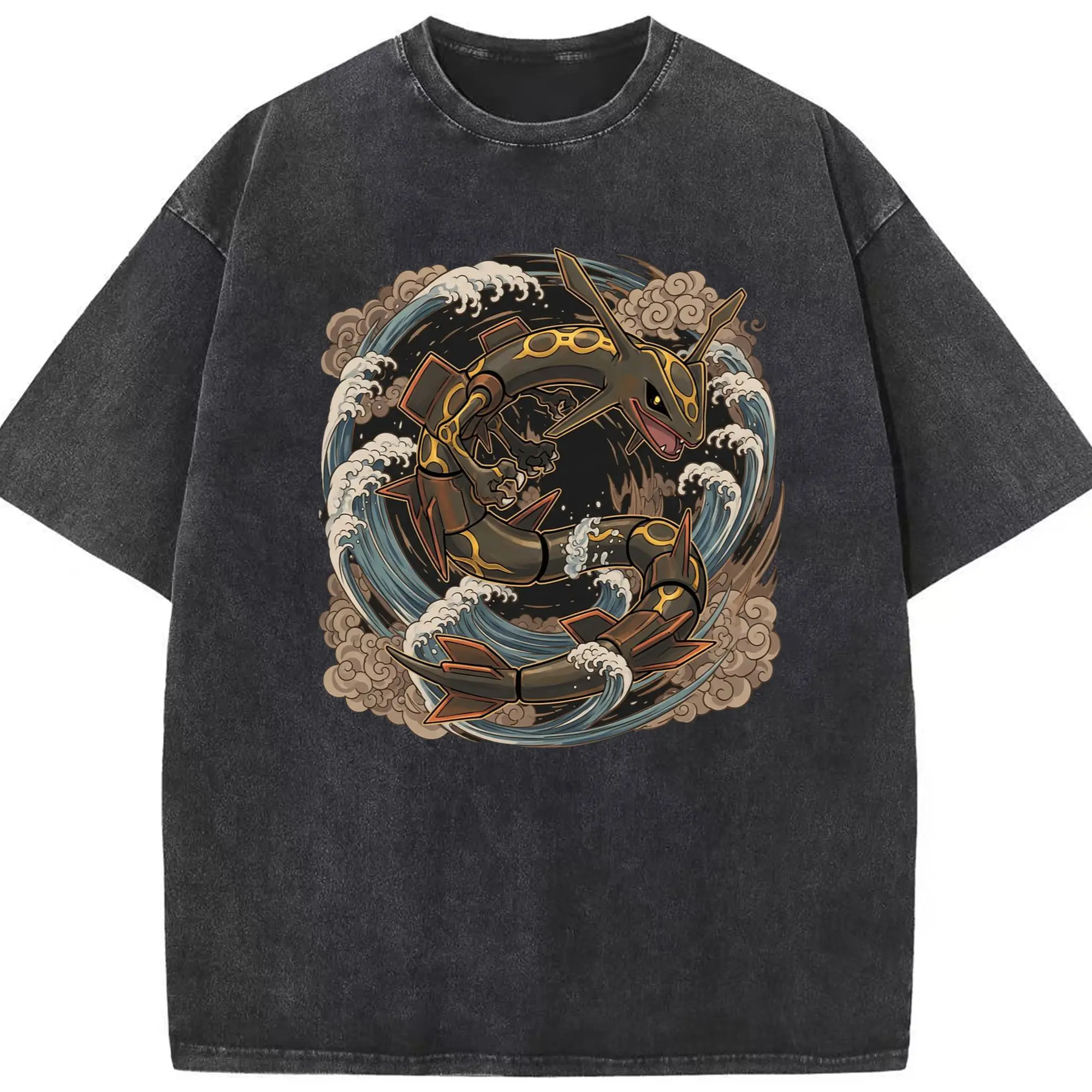 Retro rayquaza graphic tee - Washed Vintage Look 230g Cotton Oversized T-Shirt With Front Heat Transfer Print – Soft, Lightweight, Stylish Fit – Comfortable Casual Wear For Sports & Everyday Use